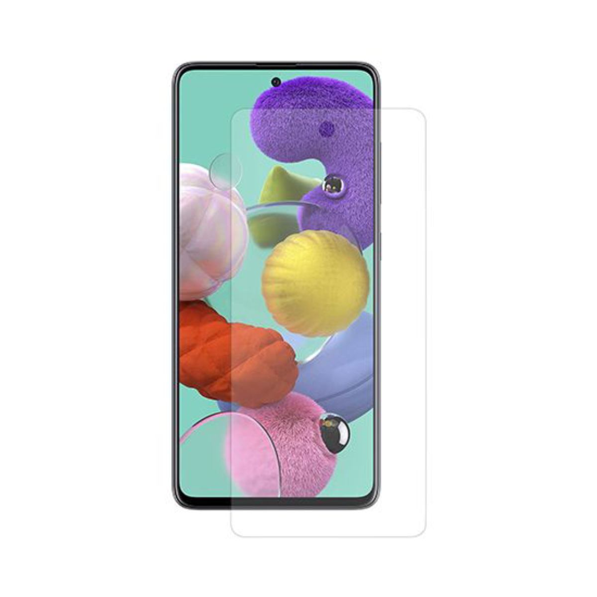 Uno smartphone con una protezione per lo schermo, forme astratte colorate sullo schermo. La protezione è sul lato destro. Lo sfondo è bianco.