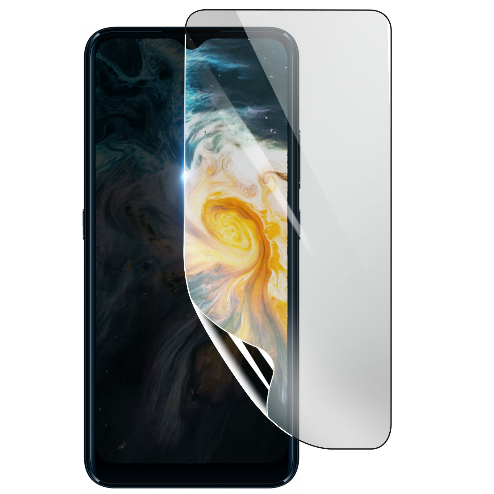 Smartphone con protezione schermo applicata. Lo schermo mostra un'immagine astratta con colori giallo, blu e bianco. La protezione si sta staccando.