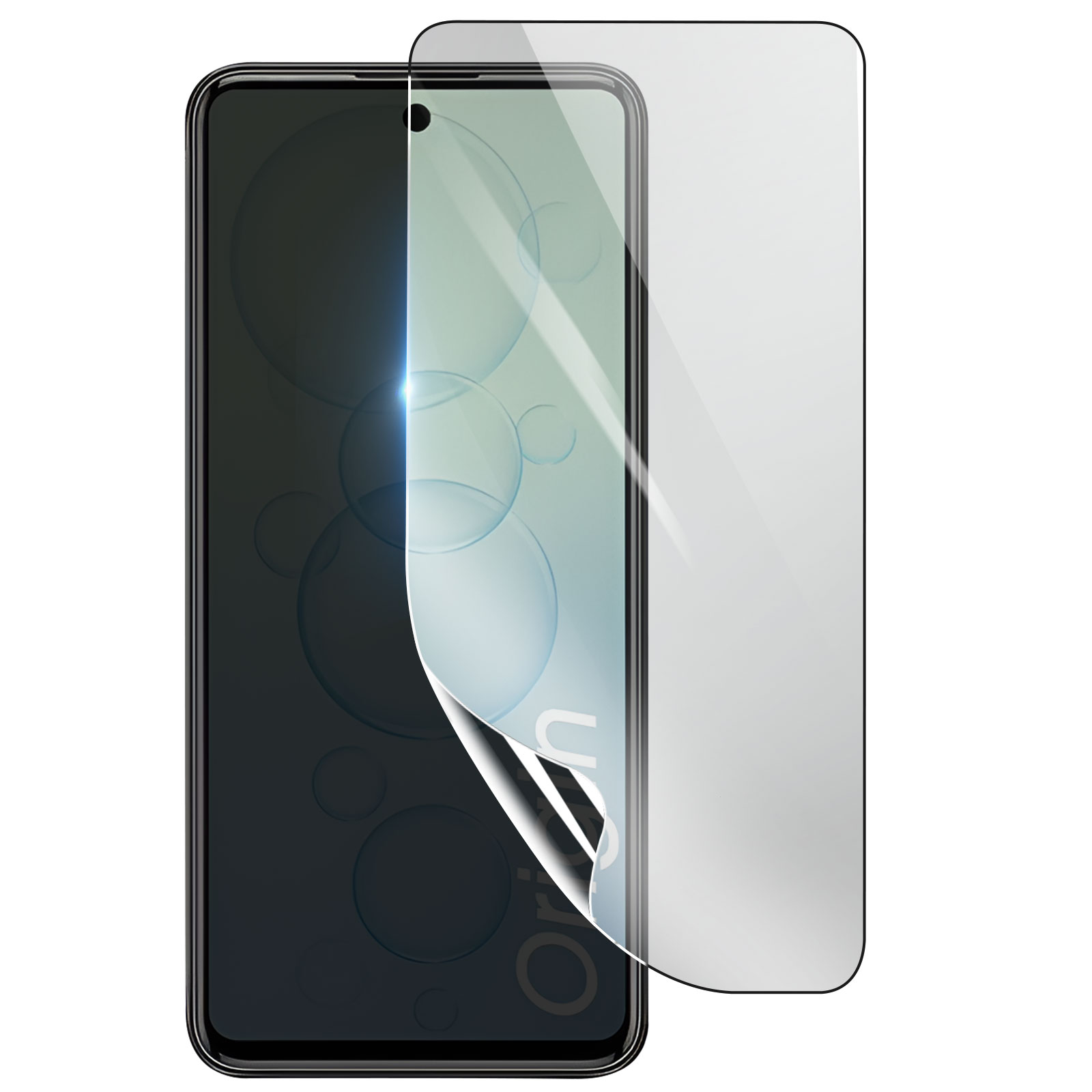 Uno smartphone con una protezione schermo che si sta staccando. La protezione è trasparente, lo schermo scuro. Bolle visibili.