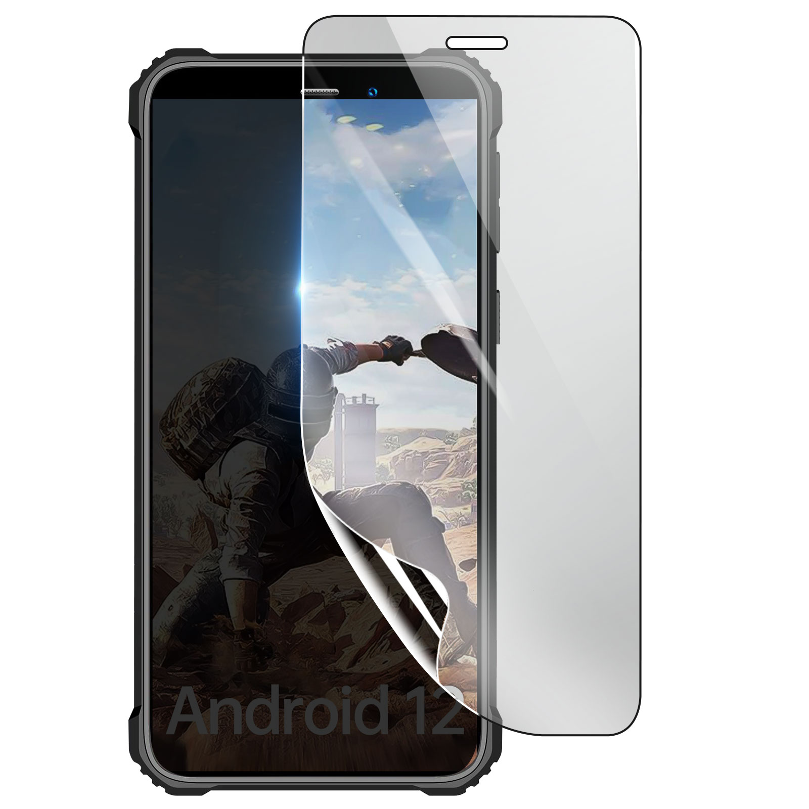 Smartphone con protezione schermo. Il display mostra un soldato e un paesaggio. Testo Android 12 visibile in basso.