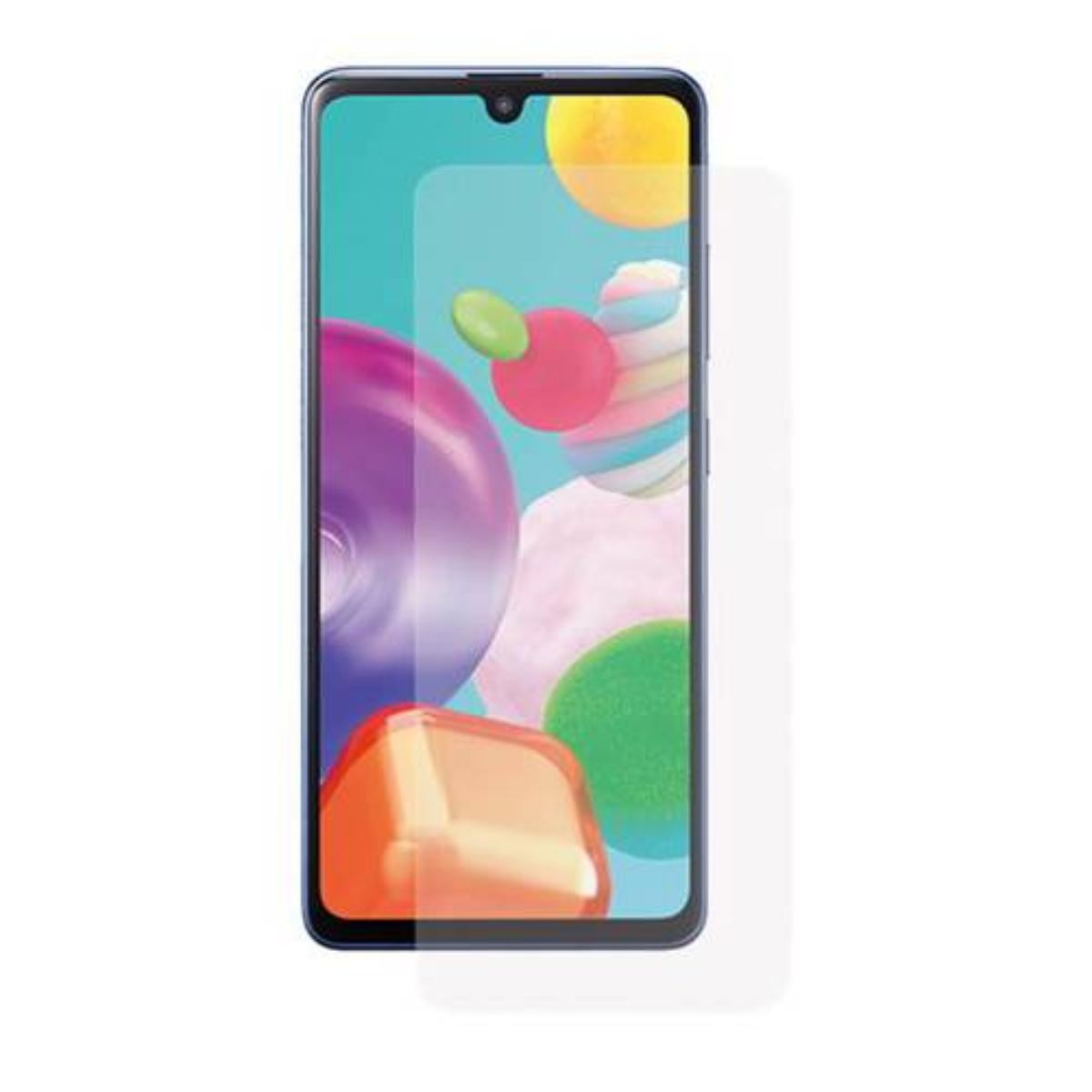 Uno smartphone con protezione schermo. Lo schermo mostra forme astratte colorate, inclusi elementi rosa, gialli, verdi e arancioni.