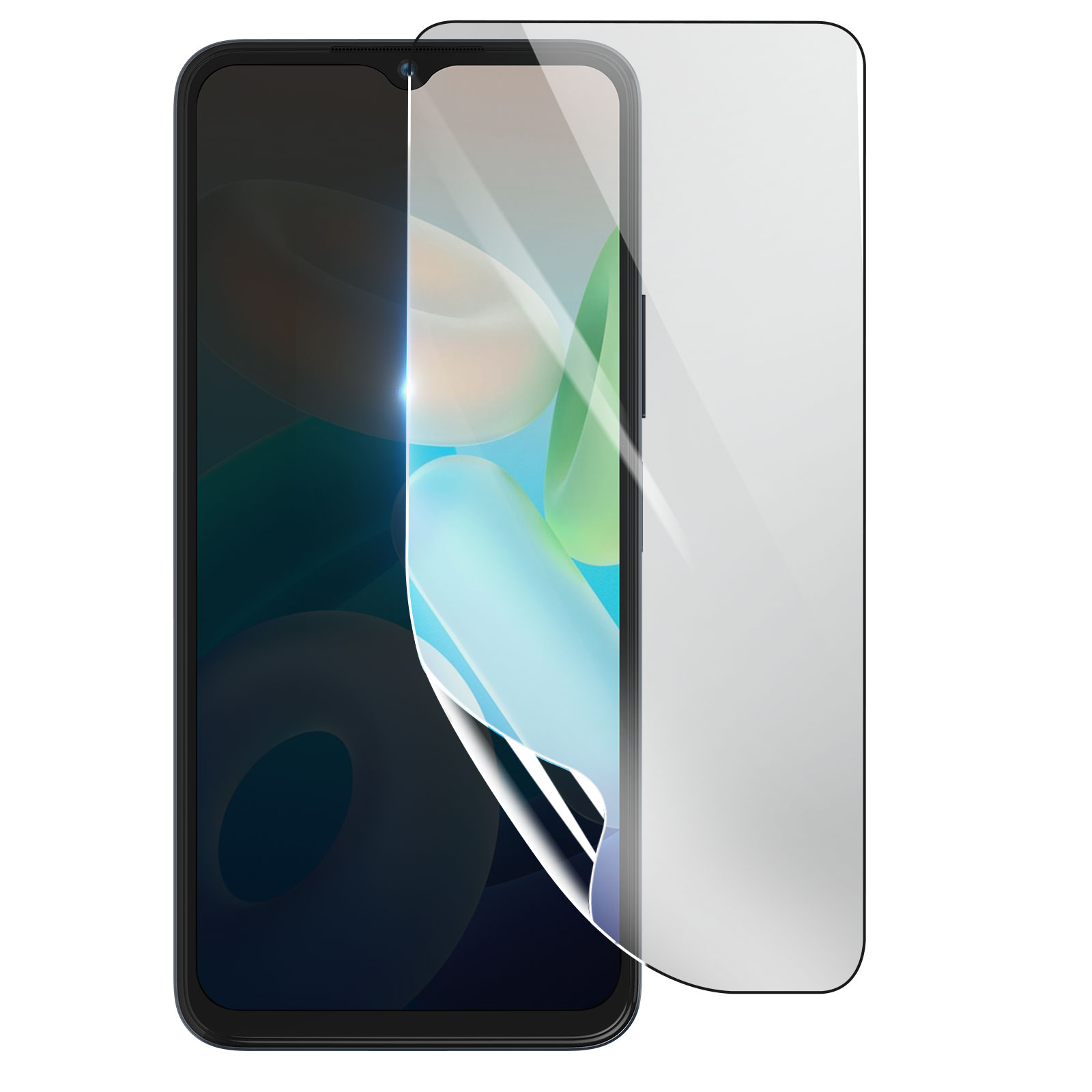 Uno smartphone con una protezione per lo schermo in applicazione. Lo schermo è parzialmente coperto.