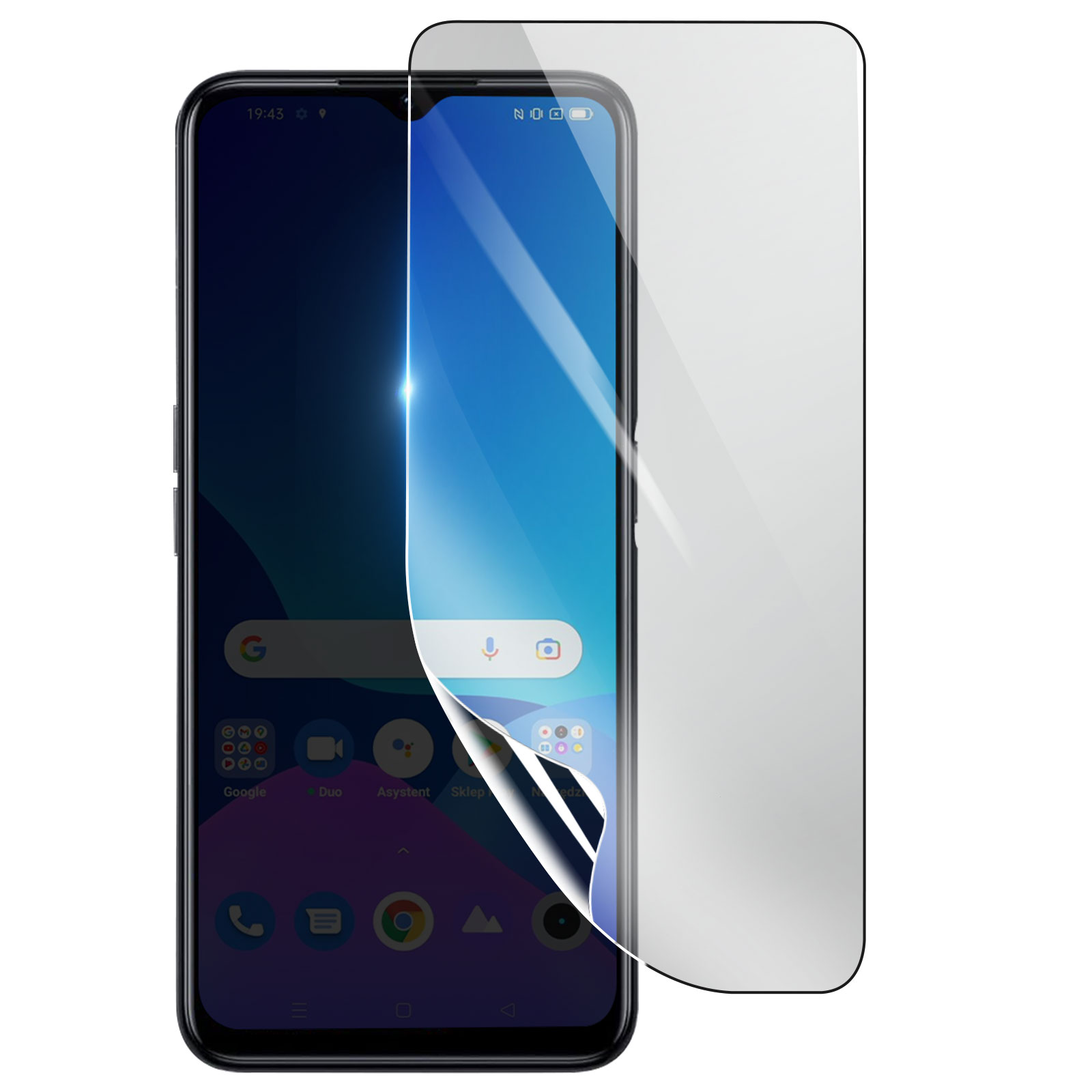 Uno smartphone con una protezione per lo schermo applicata. Lo schermo mostra le icone delle app. Un angolo della protezione è staccato.
