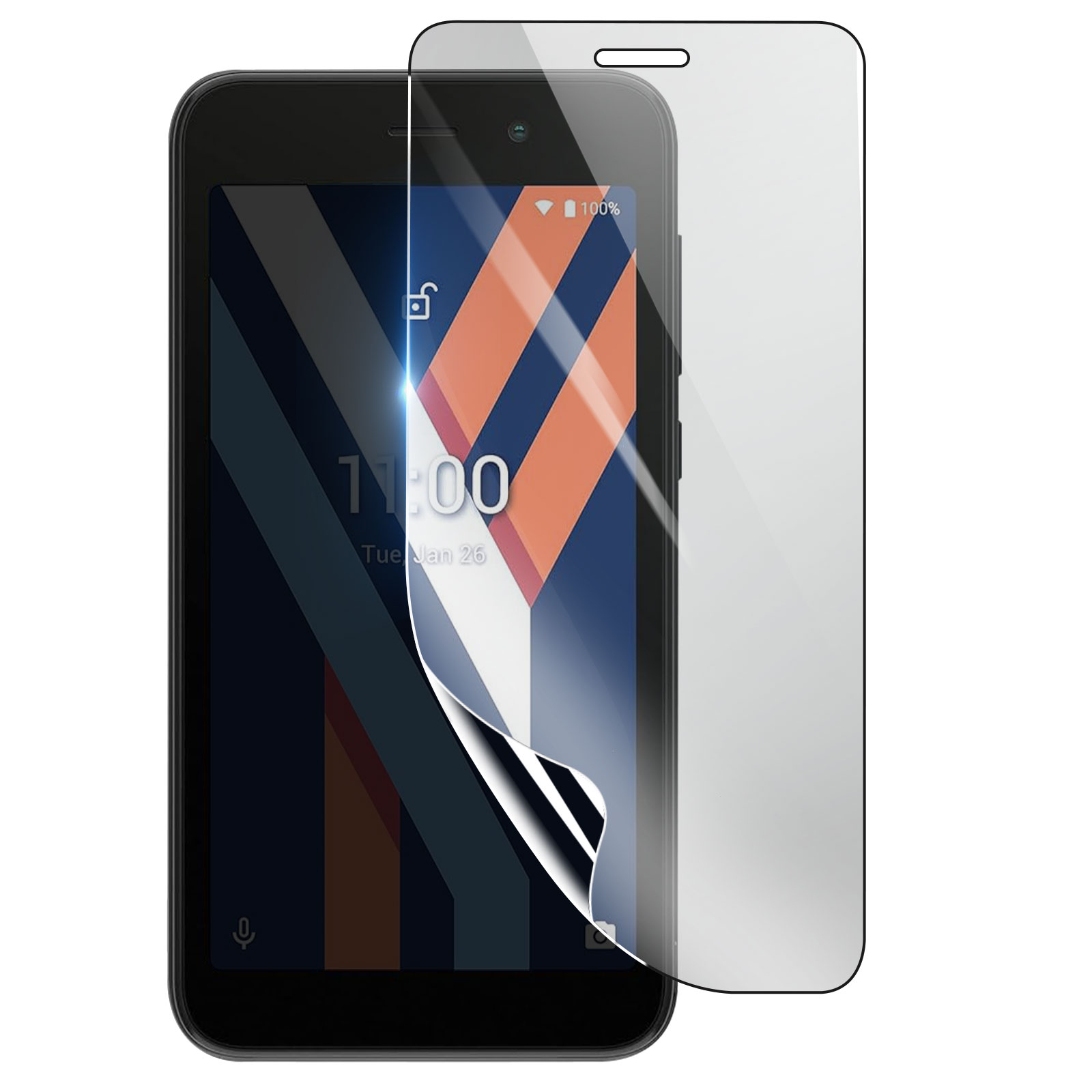 Uno smartphone con una protezione per lo schermo applicata. Lo schermo mostra l'ora e la data. La protezione si sta staccando.