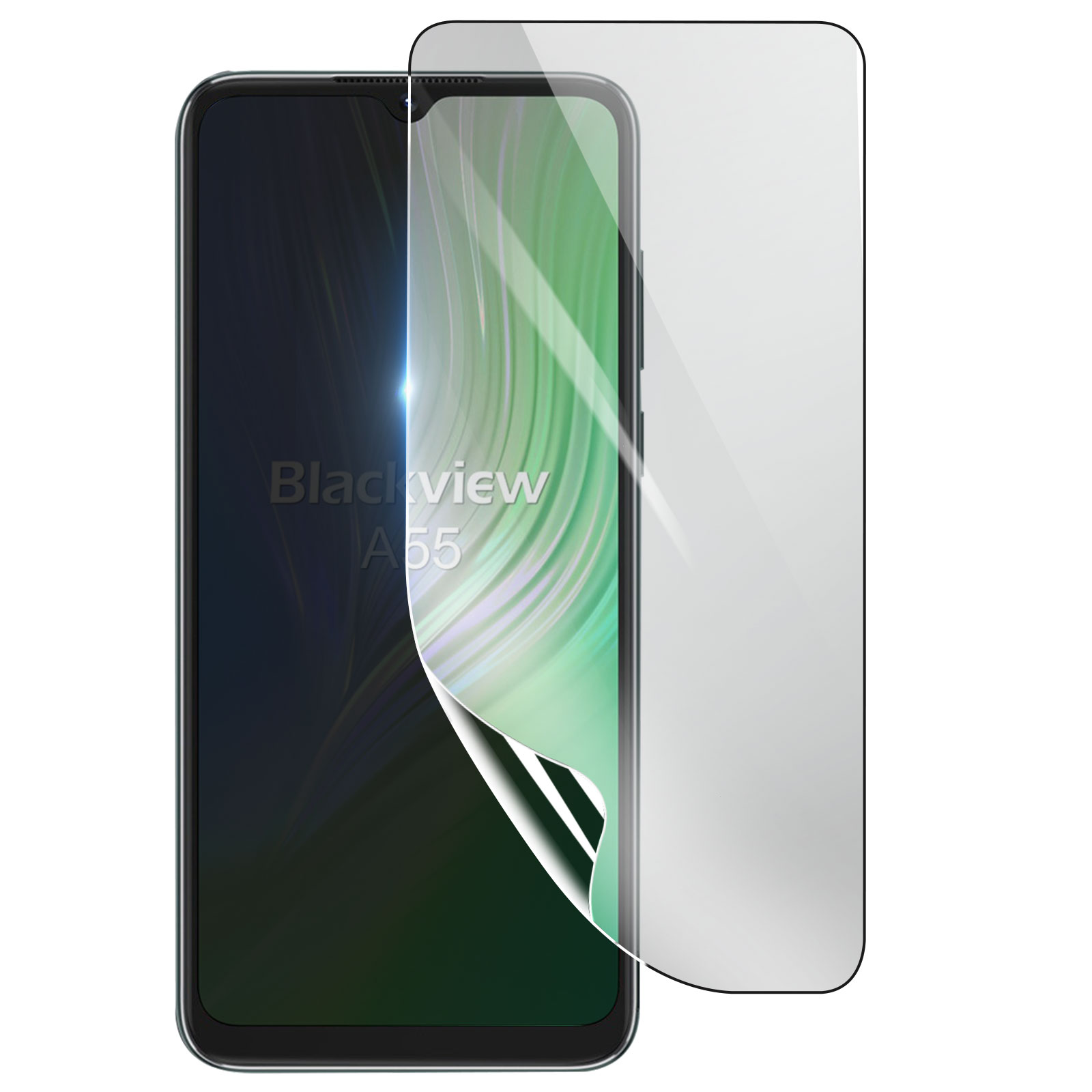 Un telefono Blackview A55 con una protezione per lo schermo applicata. La protezione è parzialmente staccata.