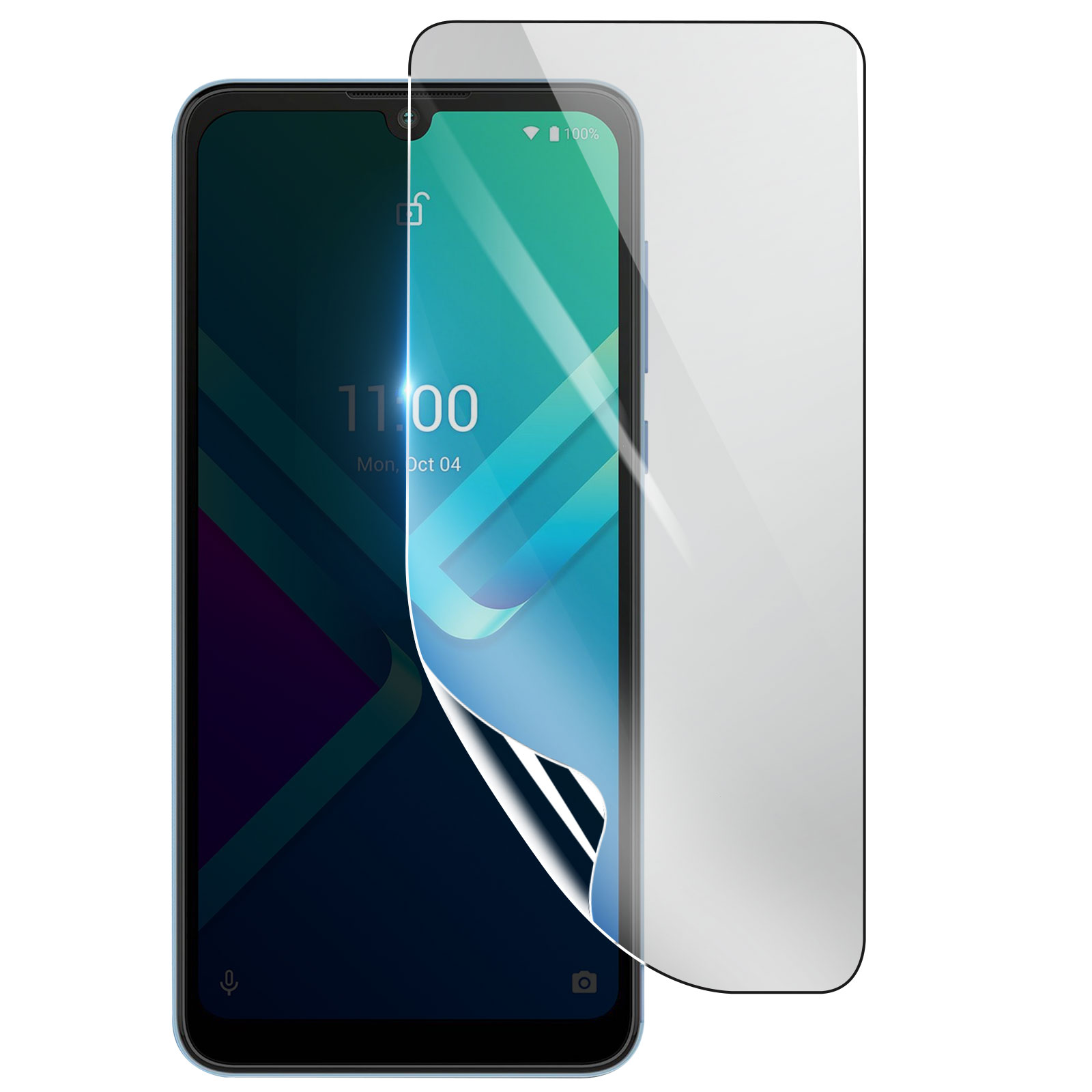 Uno smartphone con una protezione schermo in fase di rimozione. Lo schermo mostra l'ora e la data.