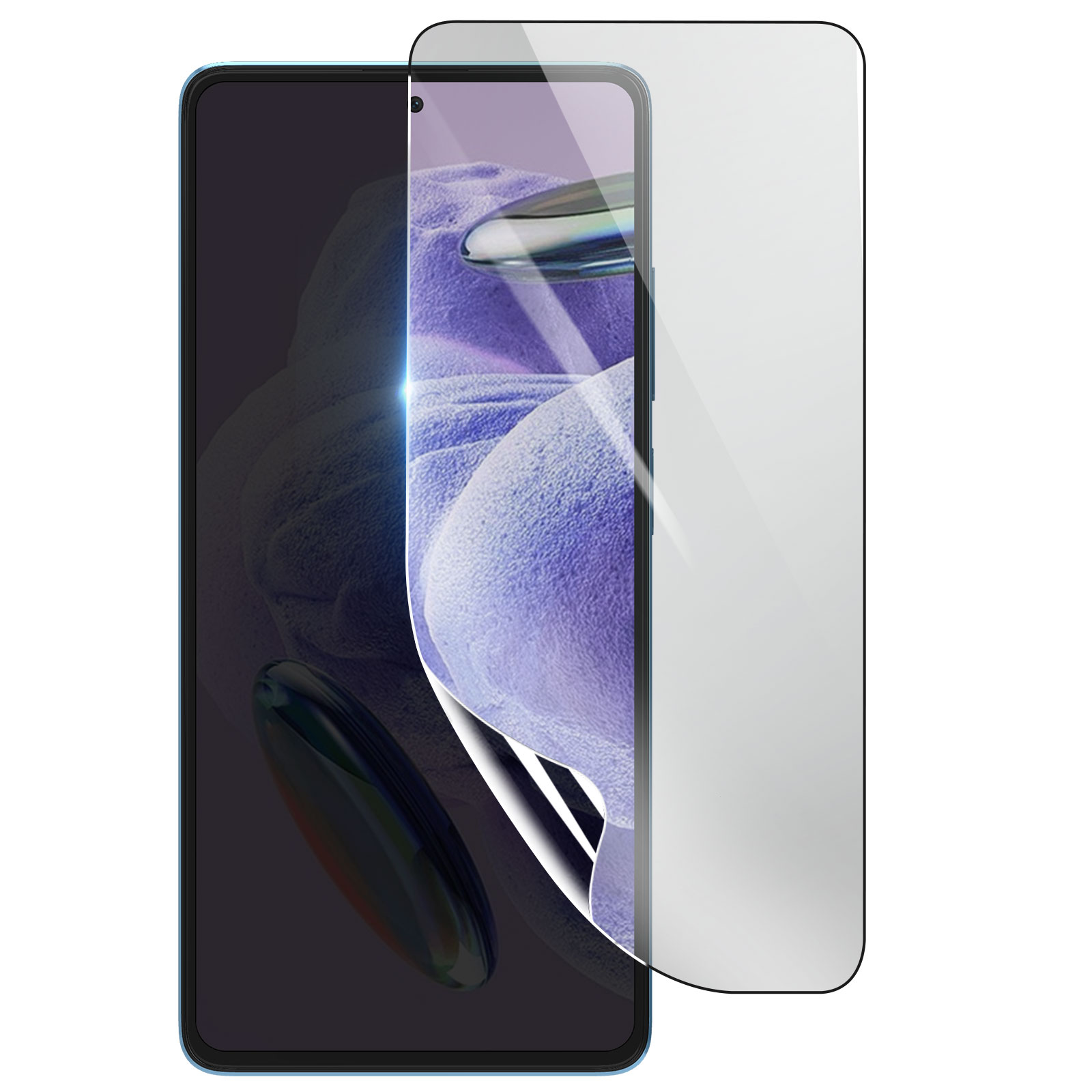 Uno smartphone con una protezione per lo schermo parzialmente applicata. Lo schermo mostra un'immagine viola sfocata.