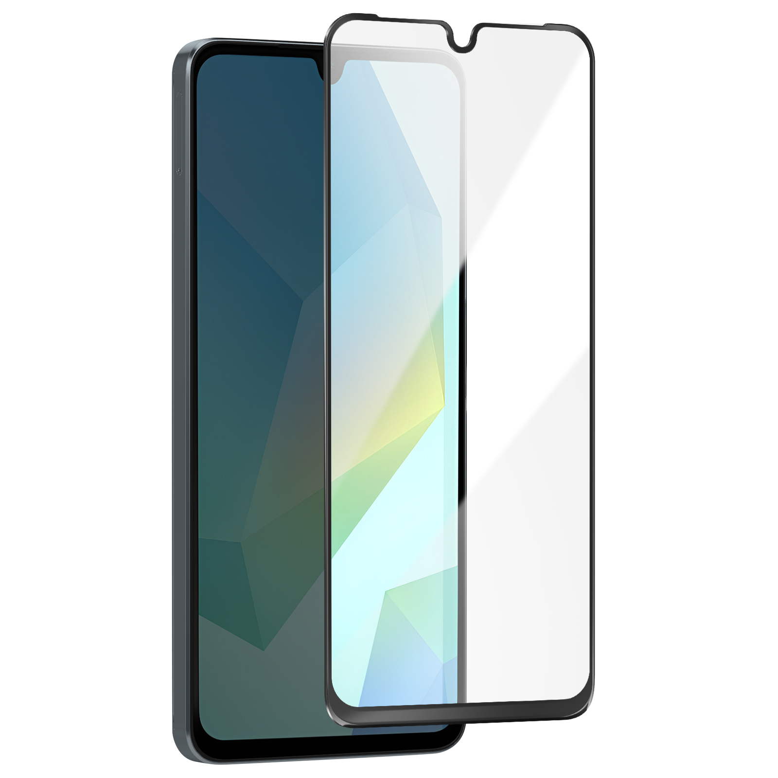 Uno smartphone con una protezione per lo schermo. Il telefono è nero, con uno schermo che mostra un motivo geometrico colorato.