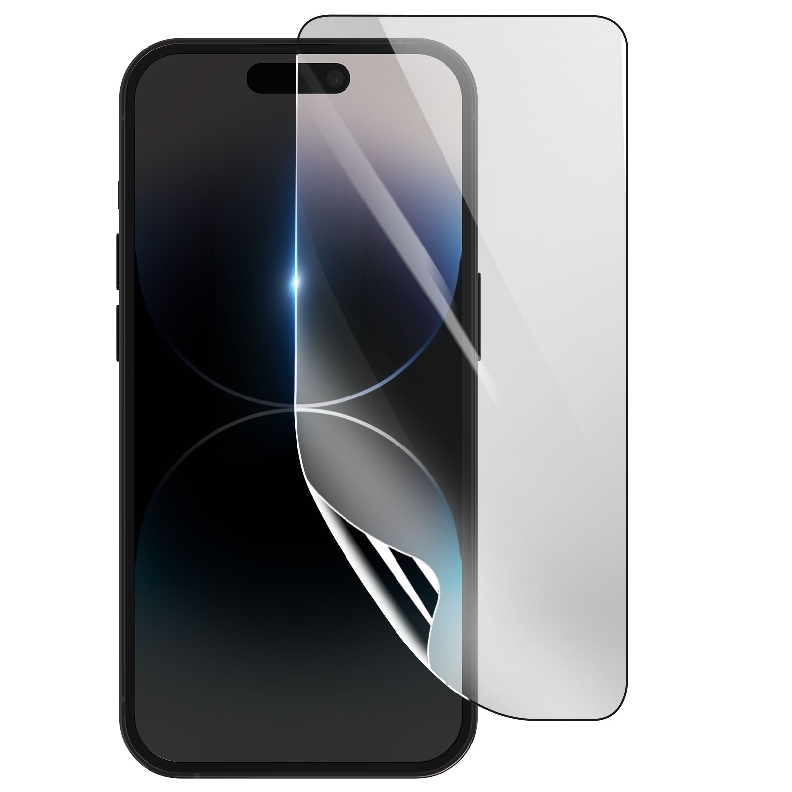 Uno smartphone nero con una protezione schermo in applicazione. La protezione è parzialmente staccata.