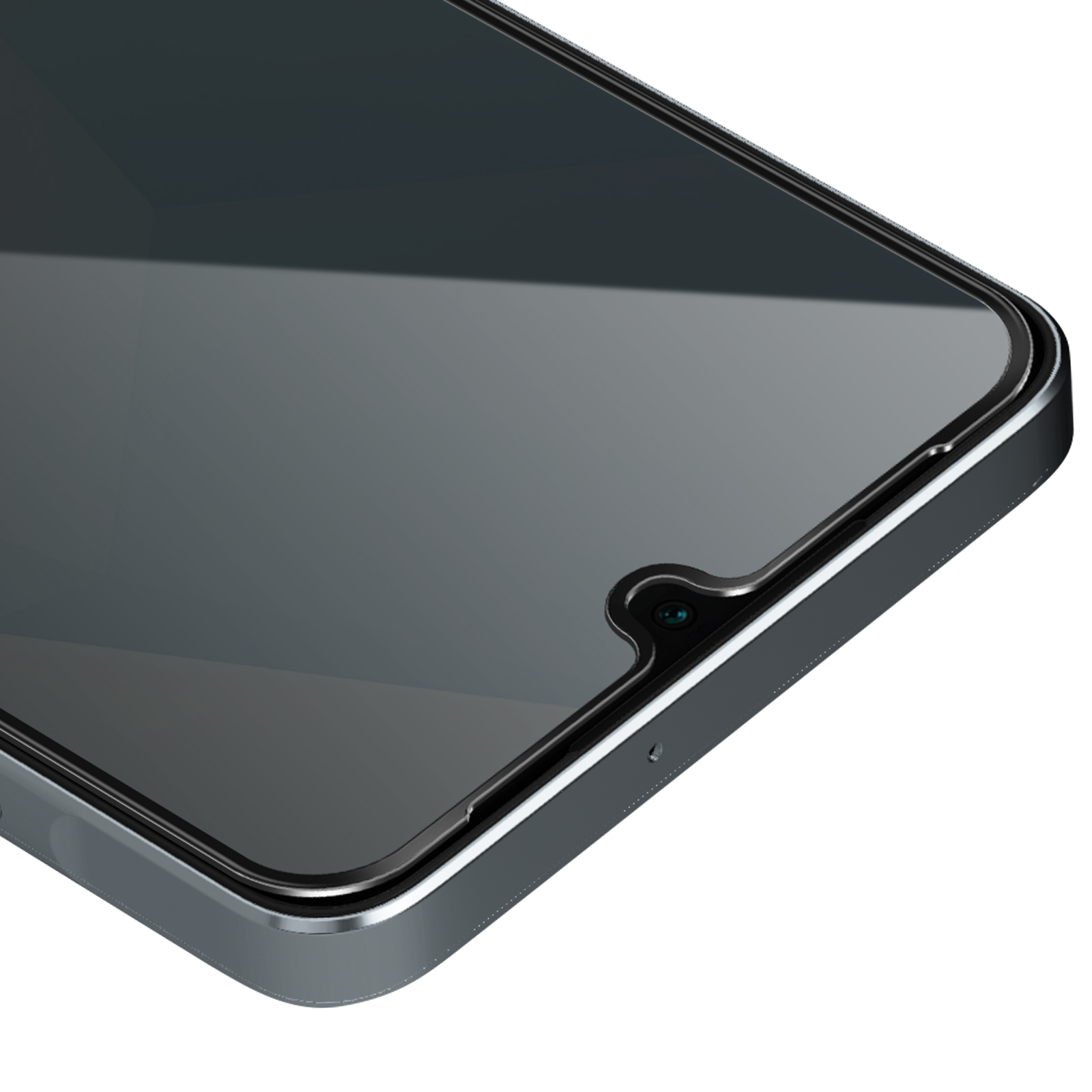 Primo piano di uno smartphone. Il display è grigio scuro, con un piccolo ritaglio per la fotocamera. La cornice è grigia e lo sfondo è bianco.