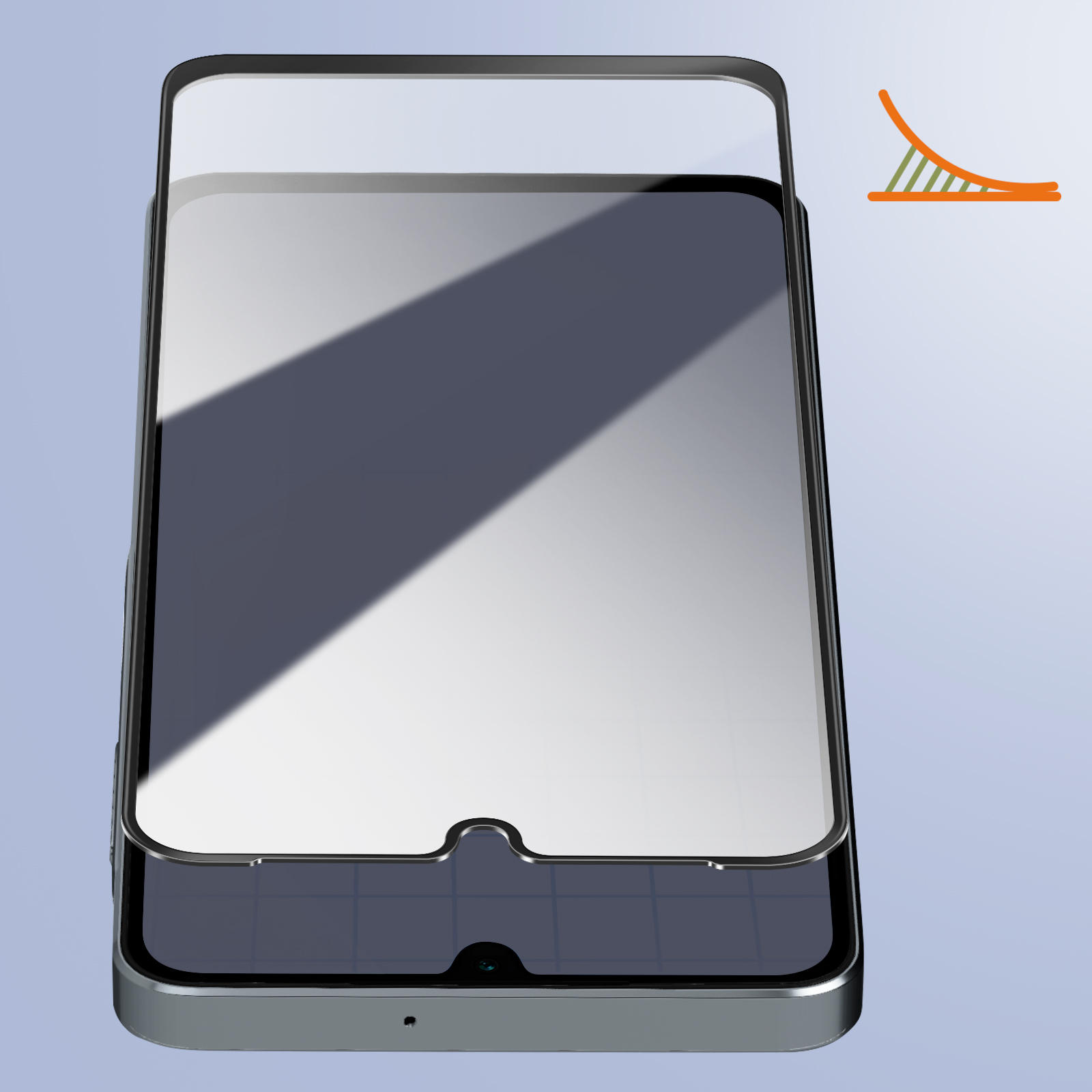 Viene mostrato uno smartphone con una protezione per lo schermo. La protezione e il telefono hanno una cornice metallica. Un grafico colorato è nell'angolo.