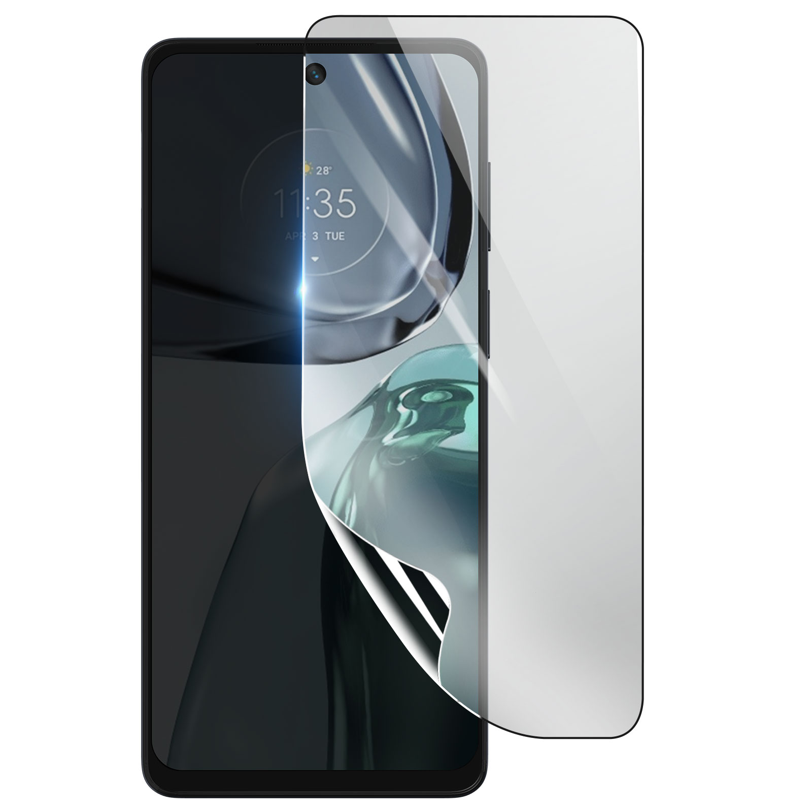 Smartphone con protezione schermo. Il telefono mostra ora e data. Protezione parzialmente staccata. Sfondo bianco.