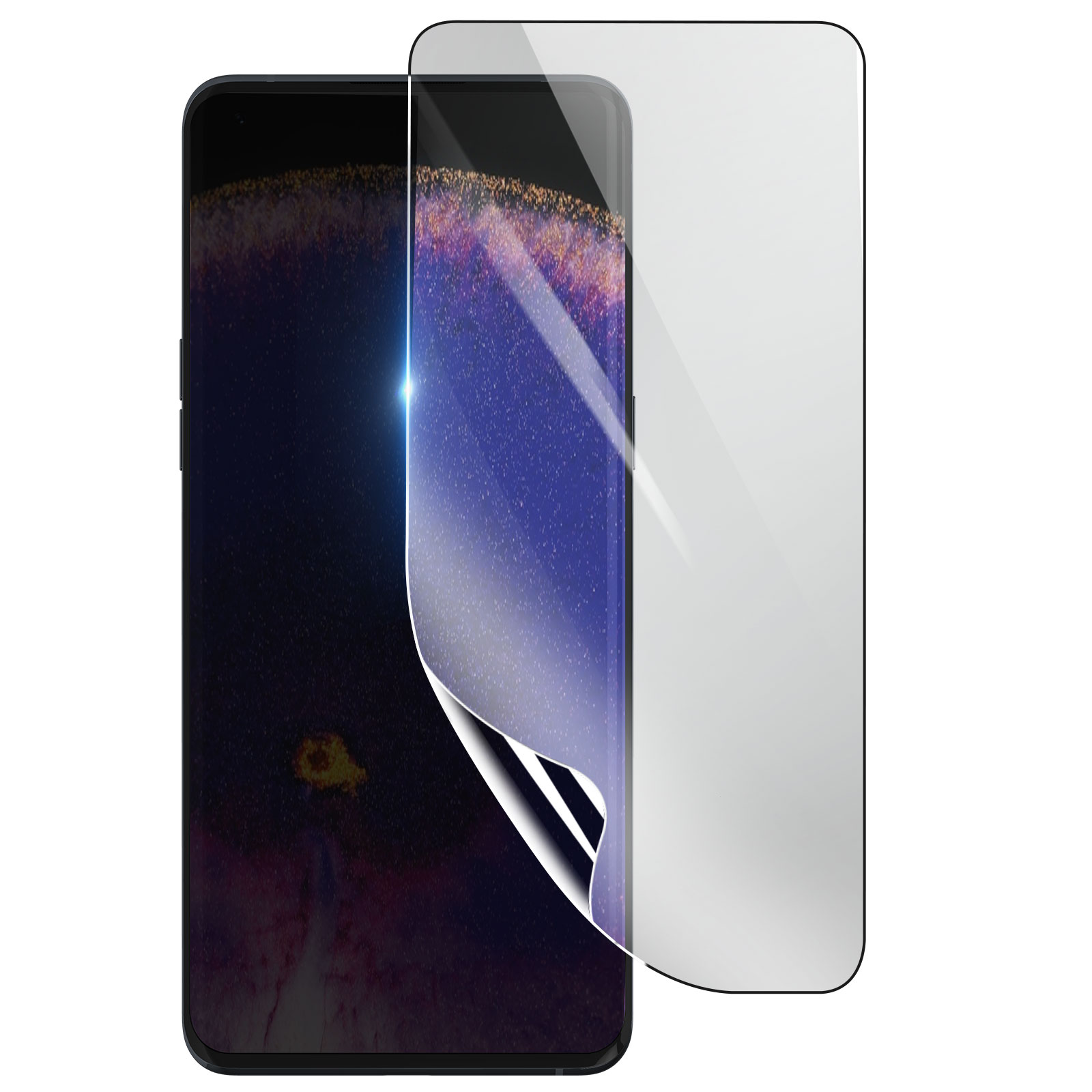 Uno smartphone nero con una protezione per lo schermo applicata. Lo schermo mostra un'immagine simile a una galassia. La protezione è parzialmente staccata.