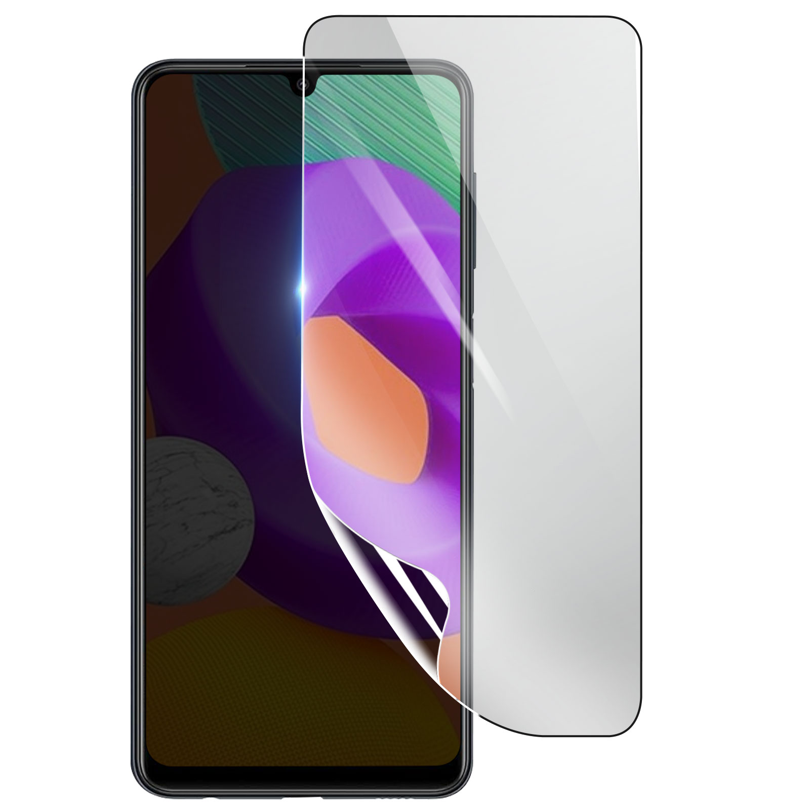 Uno smartphone con una protezione per lo schermo in fase di applicazione. Il telefono ha una cornice nera e la protezione per lo schermo è trasparente.
