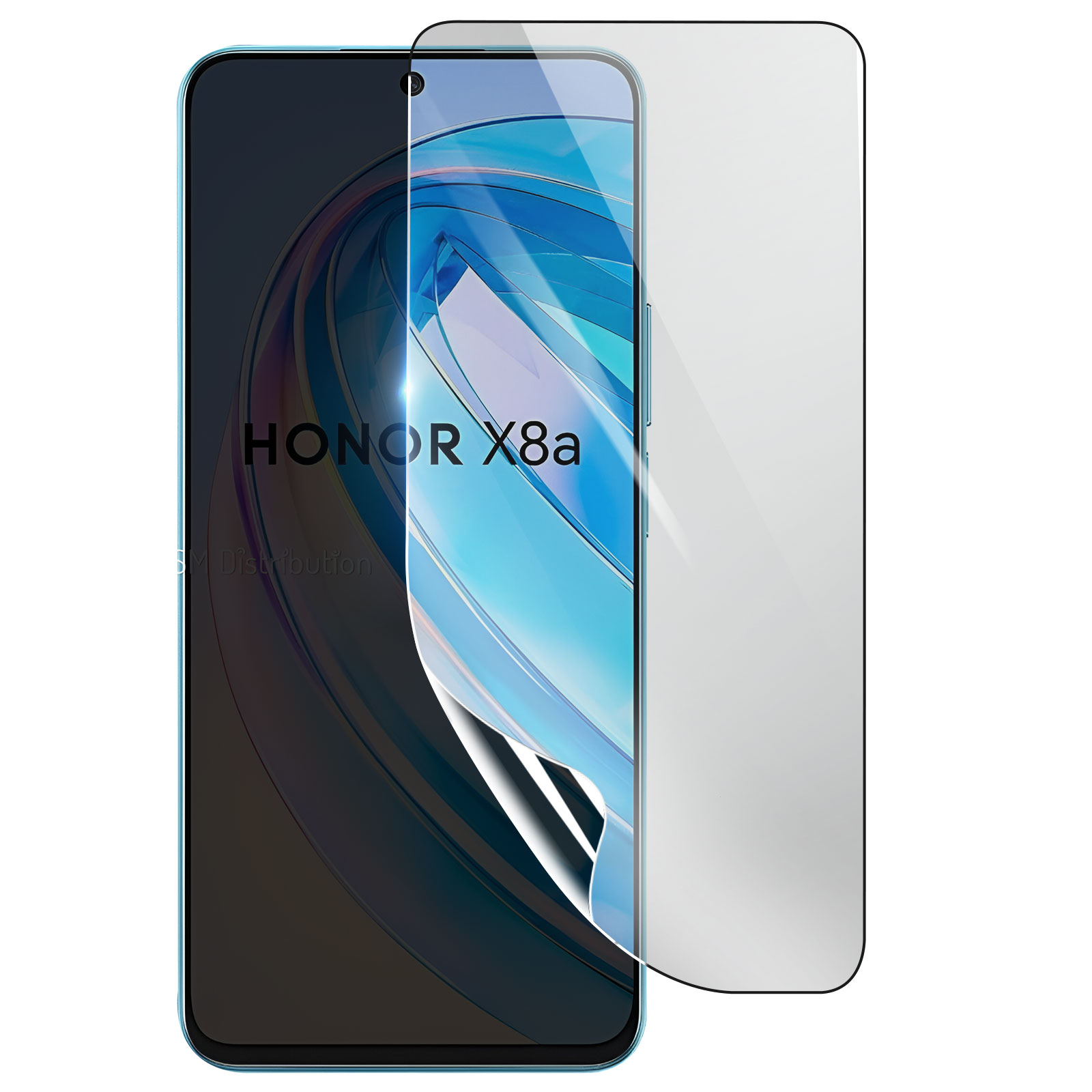 Un telefono Honor X8a con una protezione per lo schermo applicata. Il telefono è verde acqua e la protezione è parzialmente staccata.
