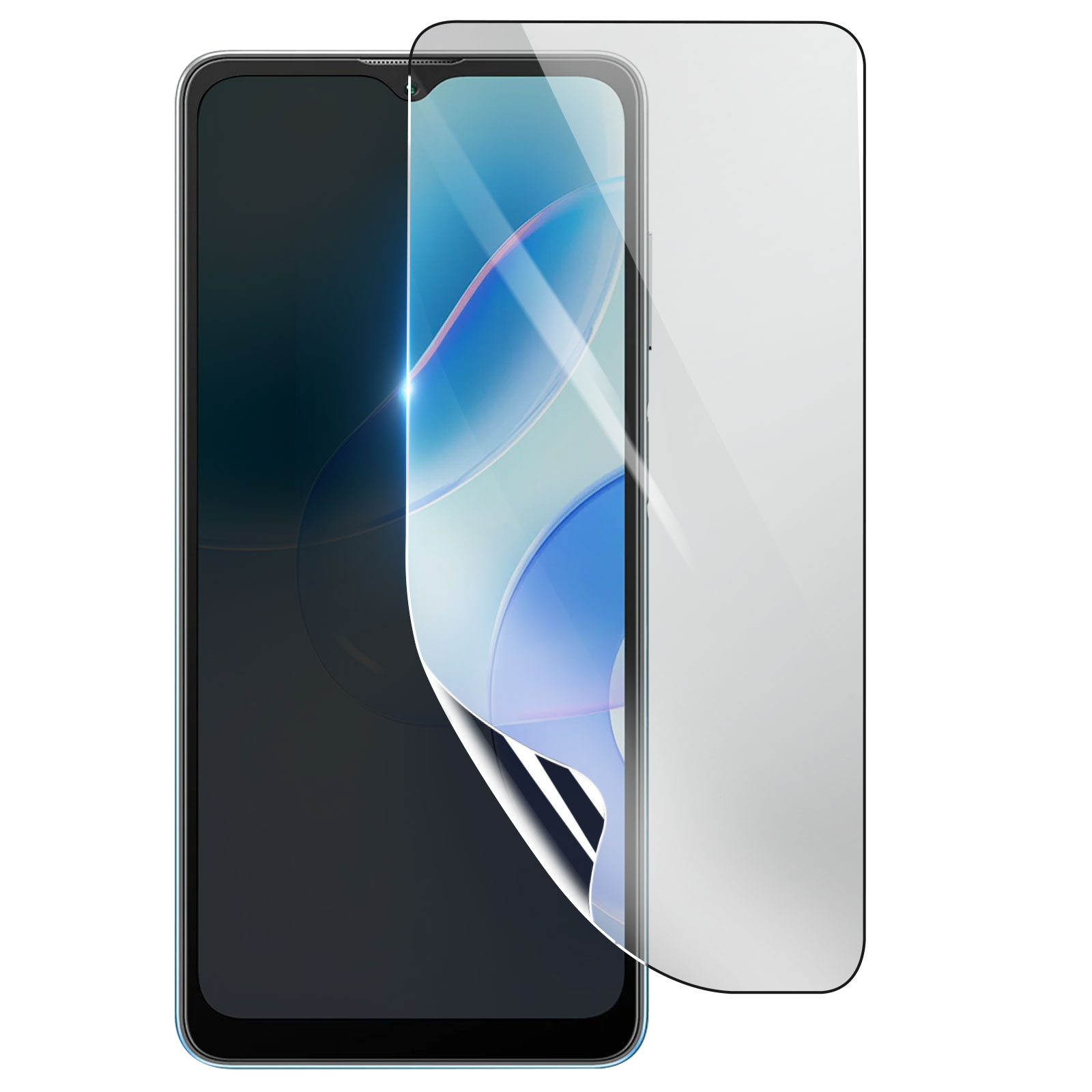 Smartphone con protezione schermo. Il telefono è nero, la protezione è trasparente con design blu. La protezione si sta staccando.