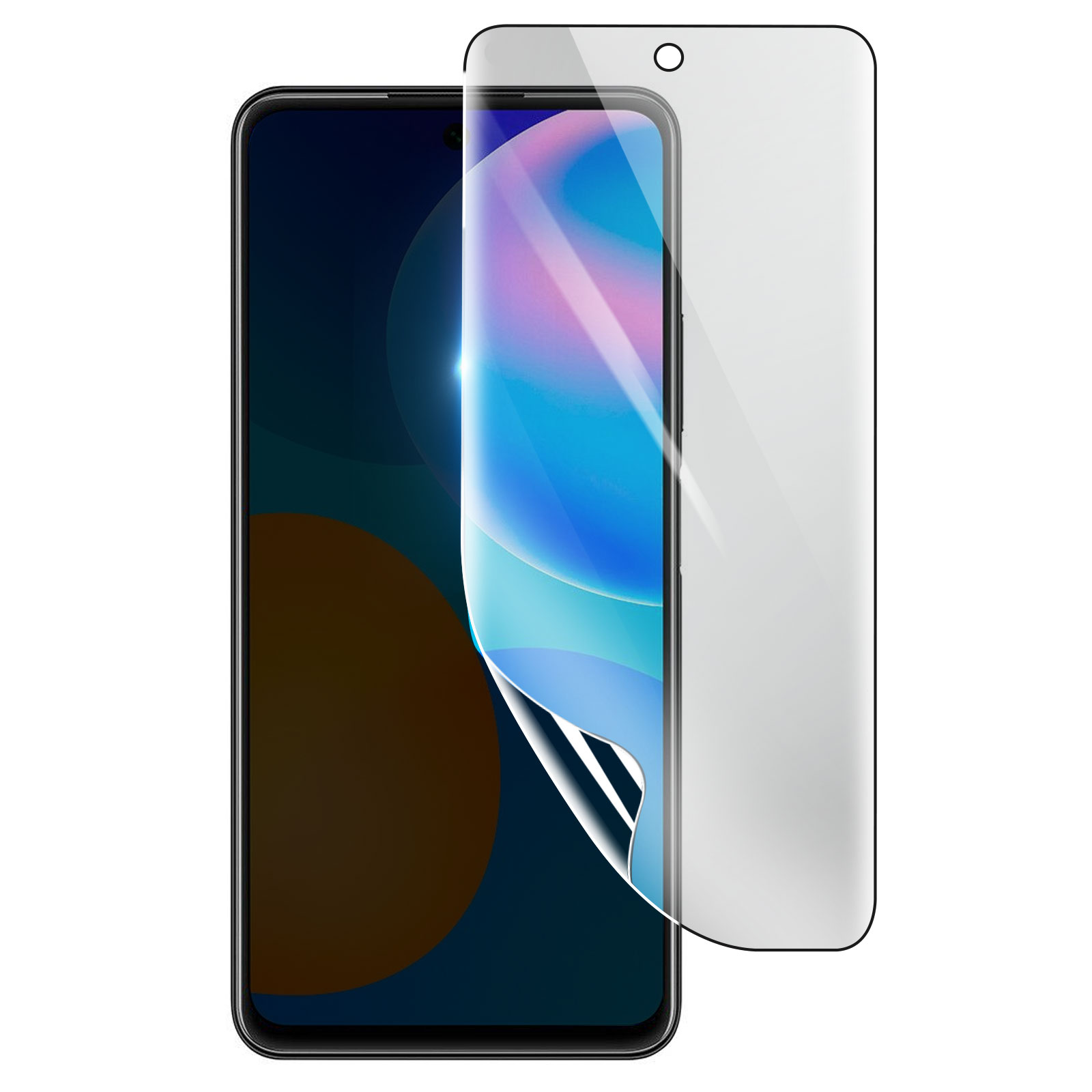 Uno smartphone con una protezione schermo applicata. Lo schermo mostra uno sfondo colorato. La protezione è parzialmente staccata.