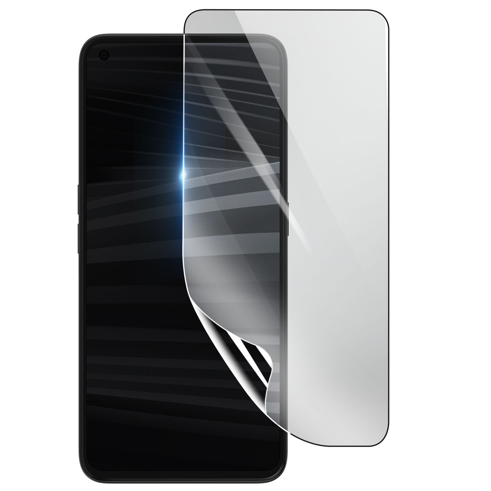 Uno smartphone con una protezione per lo schermo applicata. La protezione è parzialmente staccata, rivelando lo schermo.