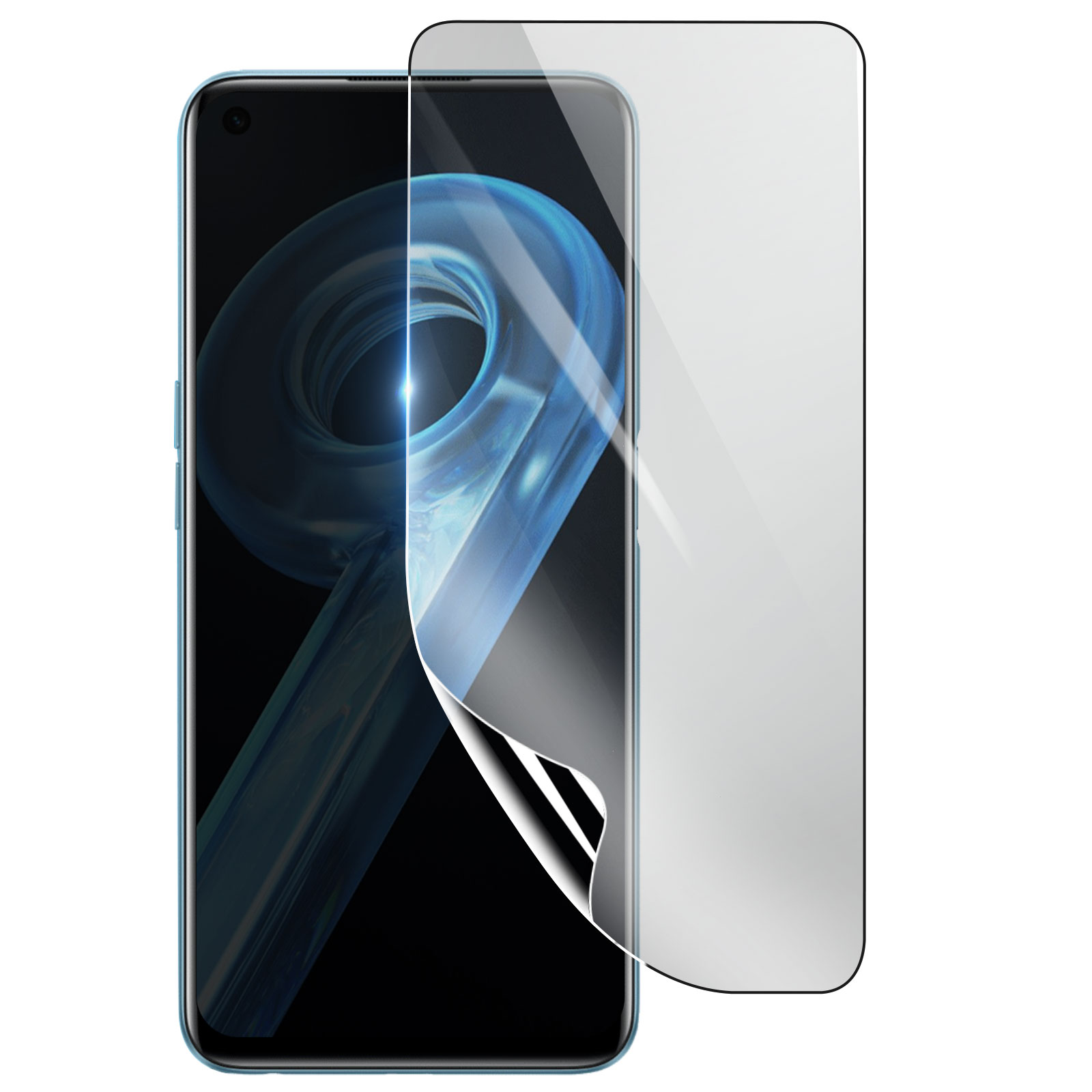 Un telefono con una protezione schermo che si stacca, che mostra un telefono blu con un 9 sullo schermo.