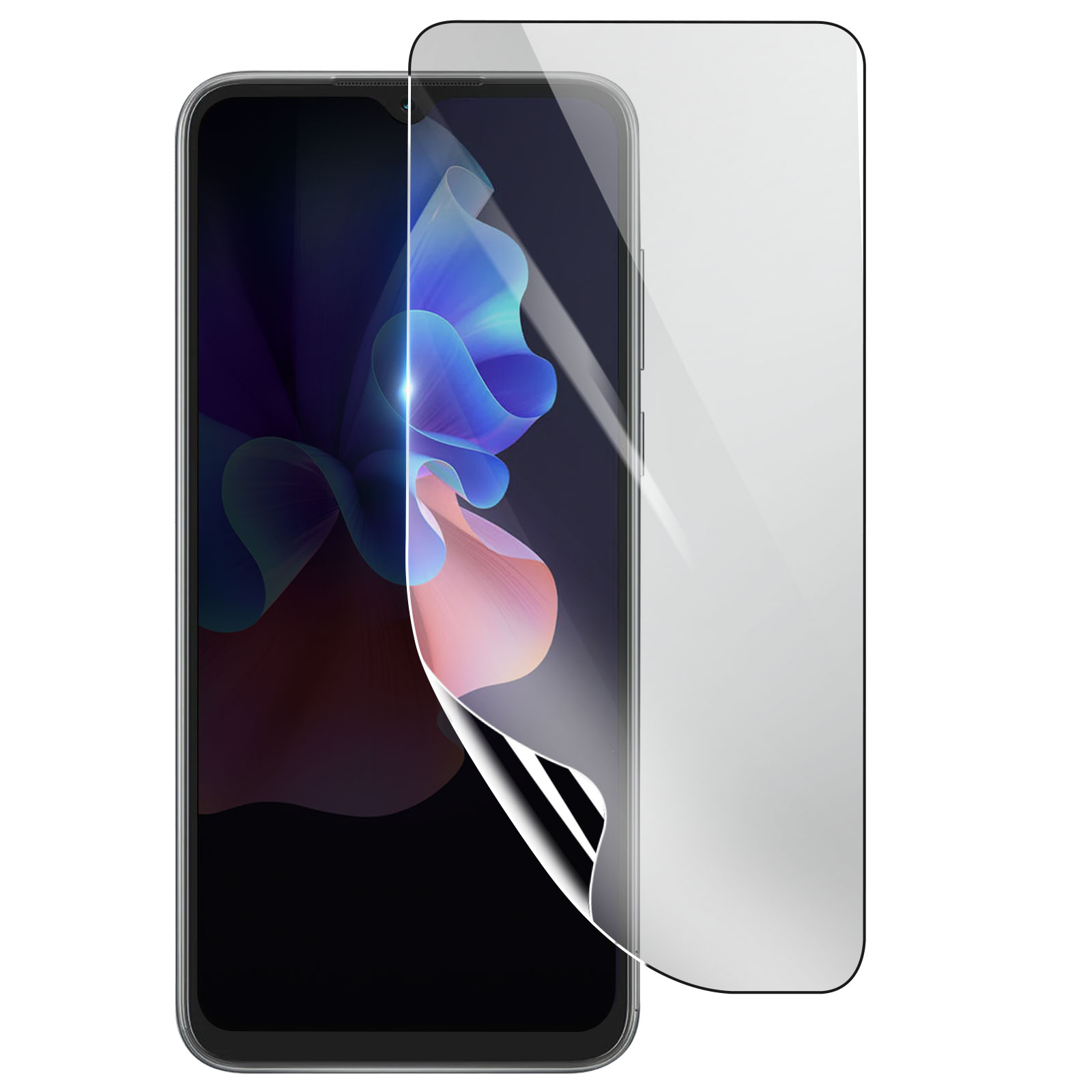 Smartphone con protezione schermo. Lo schermo mostra un design astratto colorato. La protezione è parzialmente staccata.
