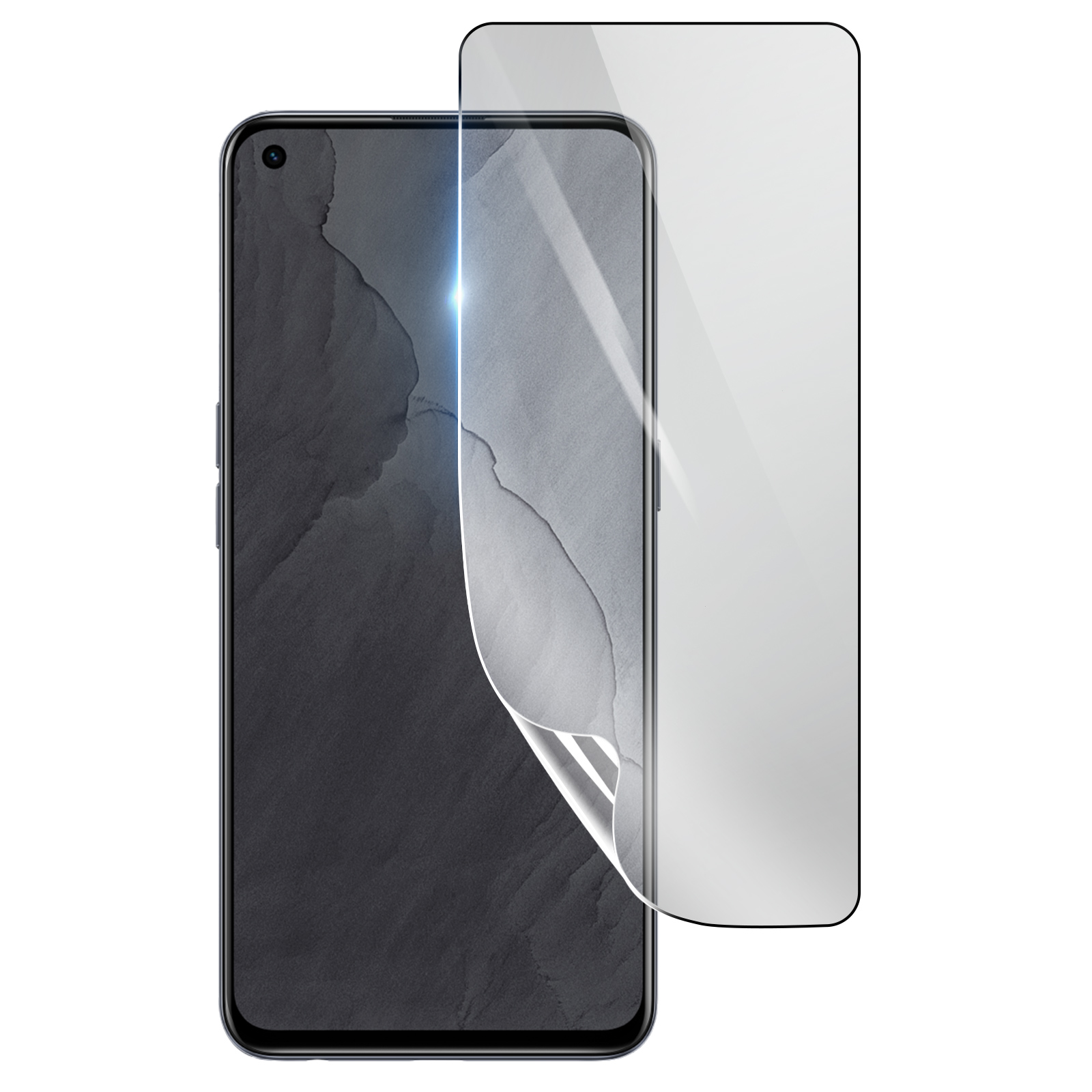 Uno smartphone con una protezione per lo schermo applicata. Il telefono è nero con sfondo strutturato. Protezione parzialmente staccata.