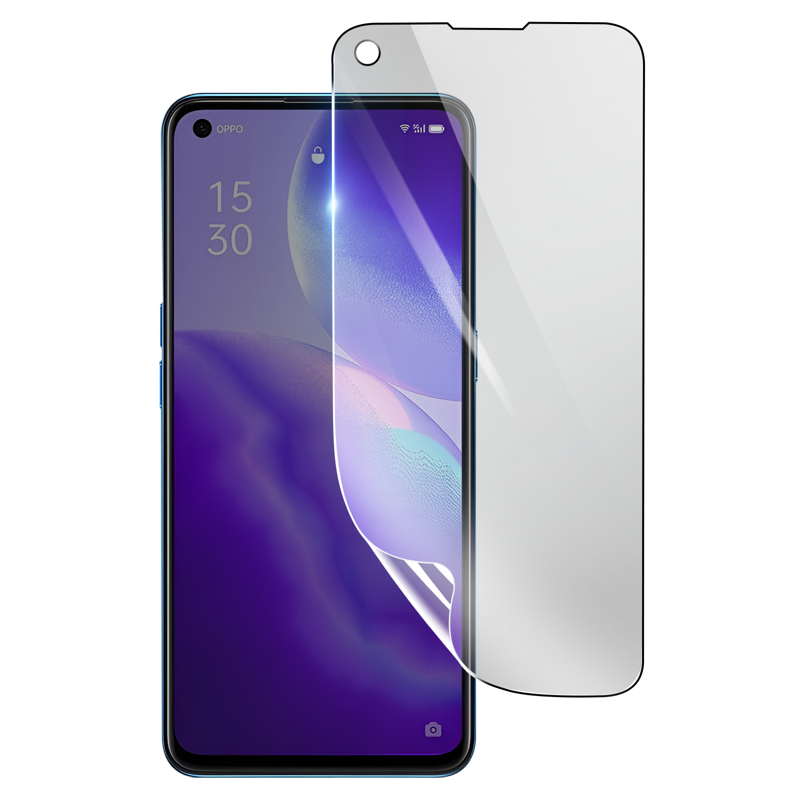 Un telefono Oppo a cui viene applicata una protezione per lo schermo. Lo schermo mostra l'ora e un'icona a forma di lucchetto. La protezione è trasparente.