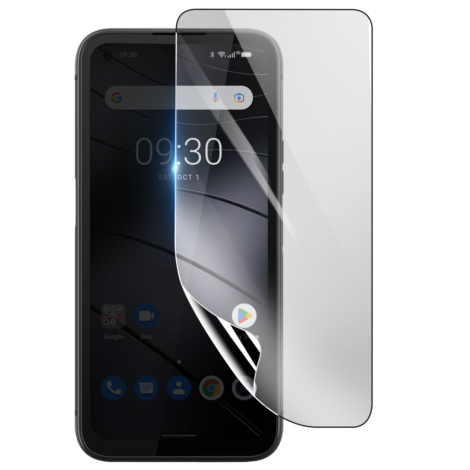 Uno smartphone con una protezione schermo parzialmente staccata. Lo schermo mostra ora, data e icone delle app. La protezione è trasparente.