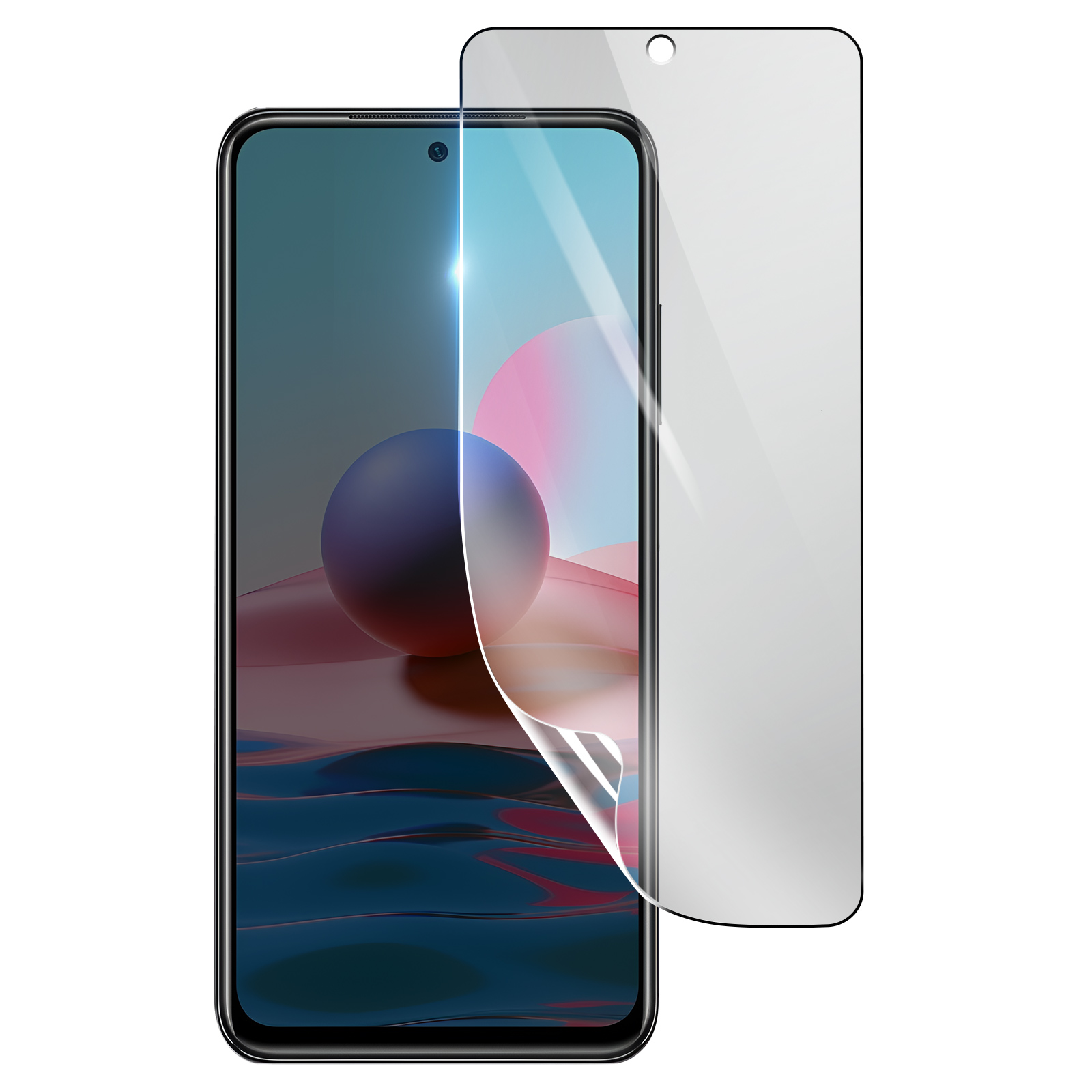 Smartphone con protezione schermo. Il telefono ha una cornice nera e uno sfondo colorato. La protezione è leggermente staccata.