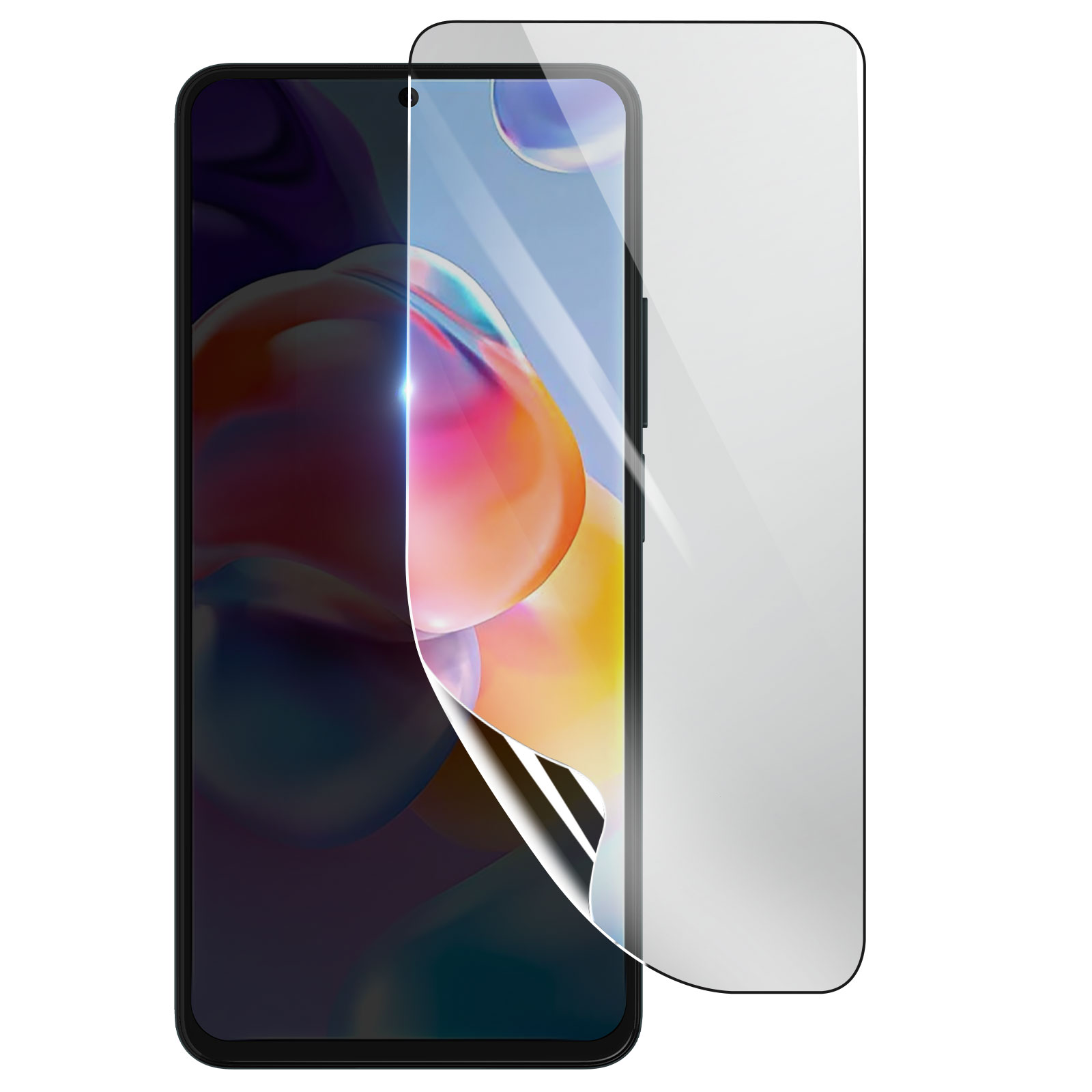 Smartphone con protezione schermo in applicazione. Uno sfondo colorato è visibile attraverso lo schermo.