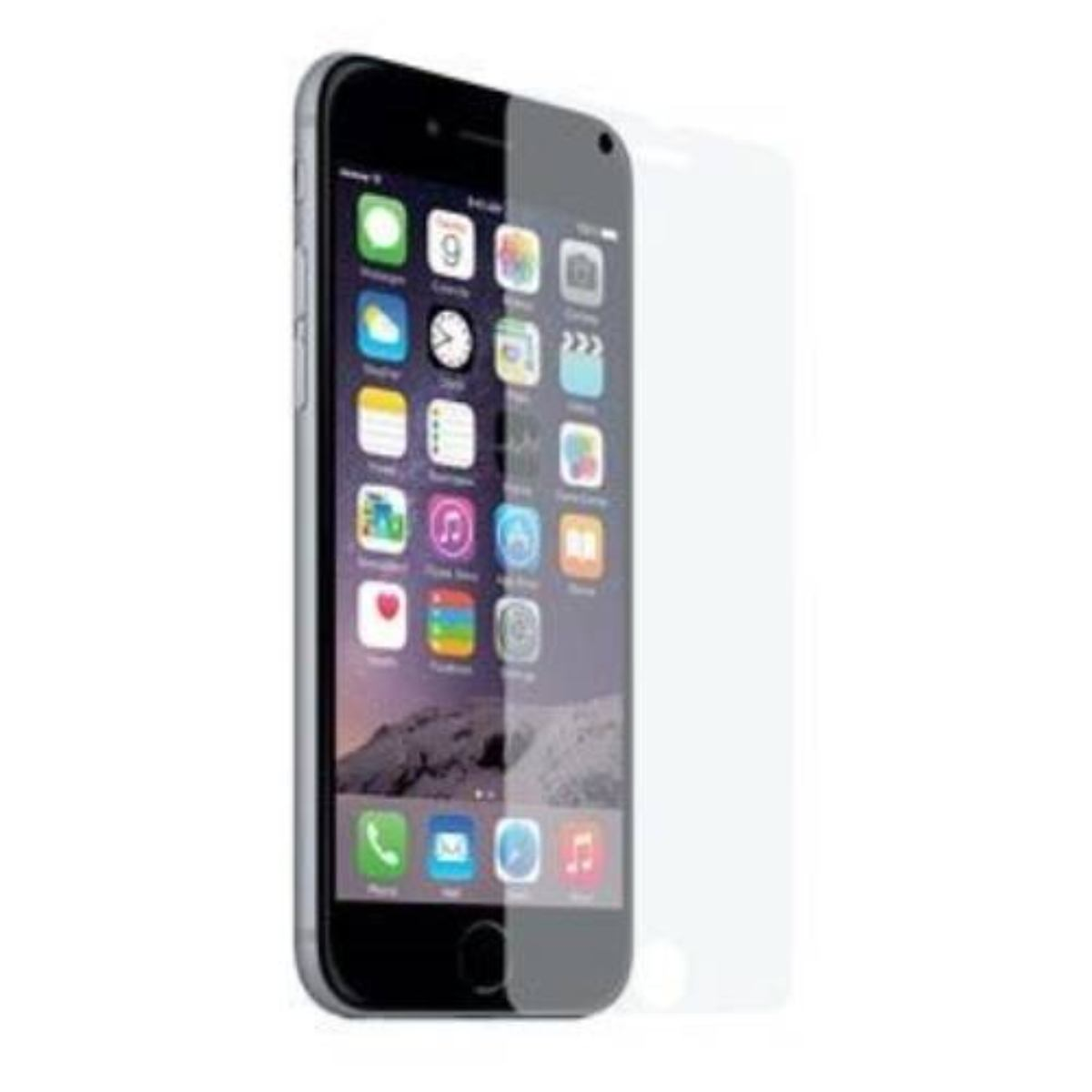 Un iPhone con protezione schermo. Lo schermo mostra icone delle app. Il telefono è argento e nero.