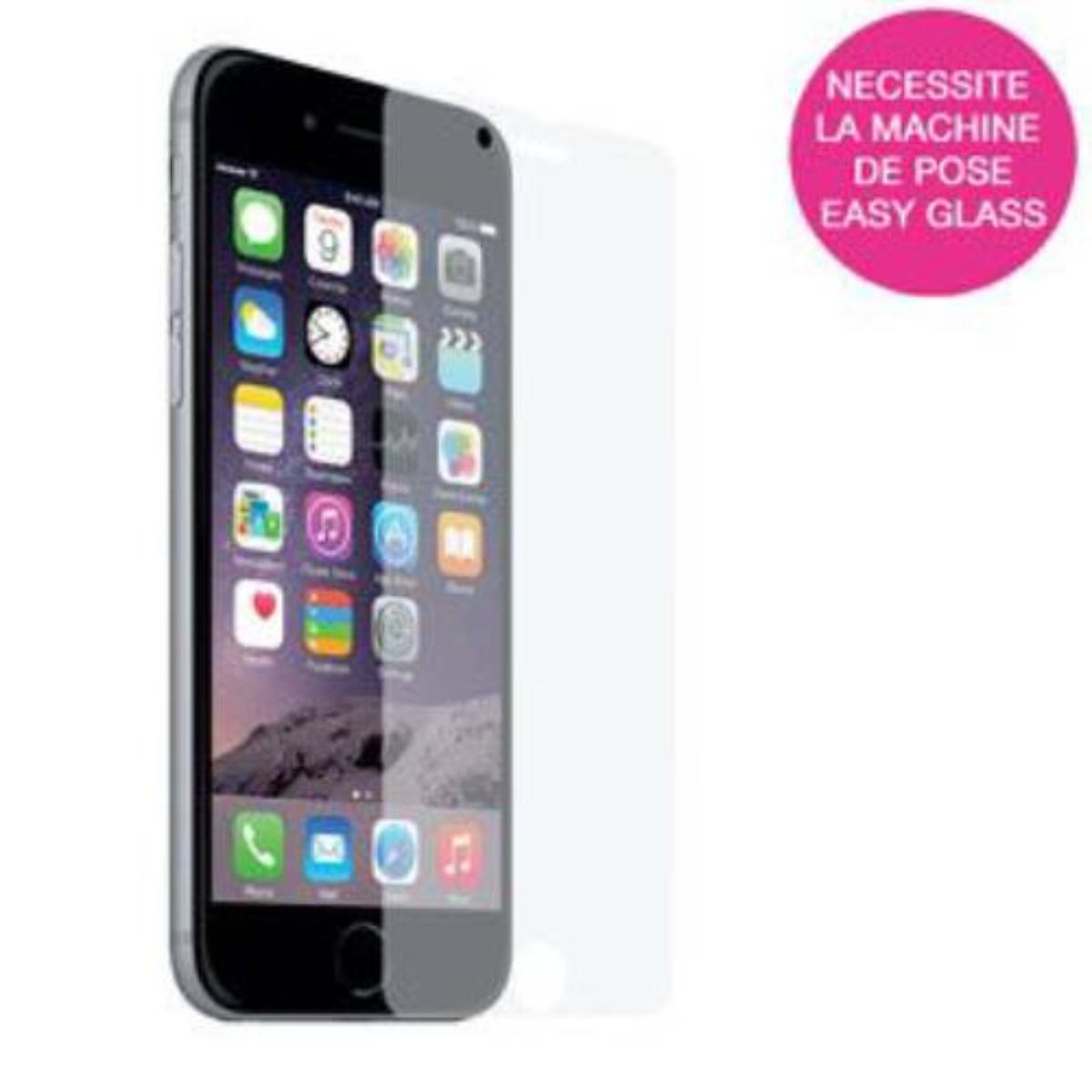 Smartphone con icone di app, protezione schermo trasparente e cerchio rosa con testo.