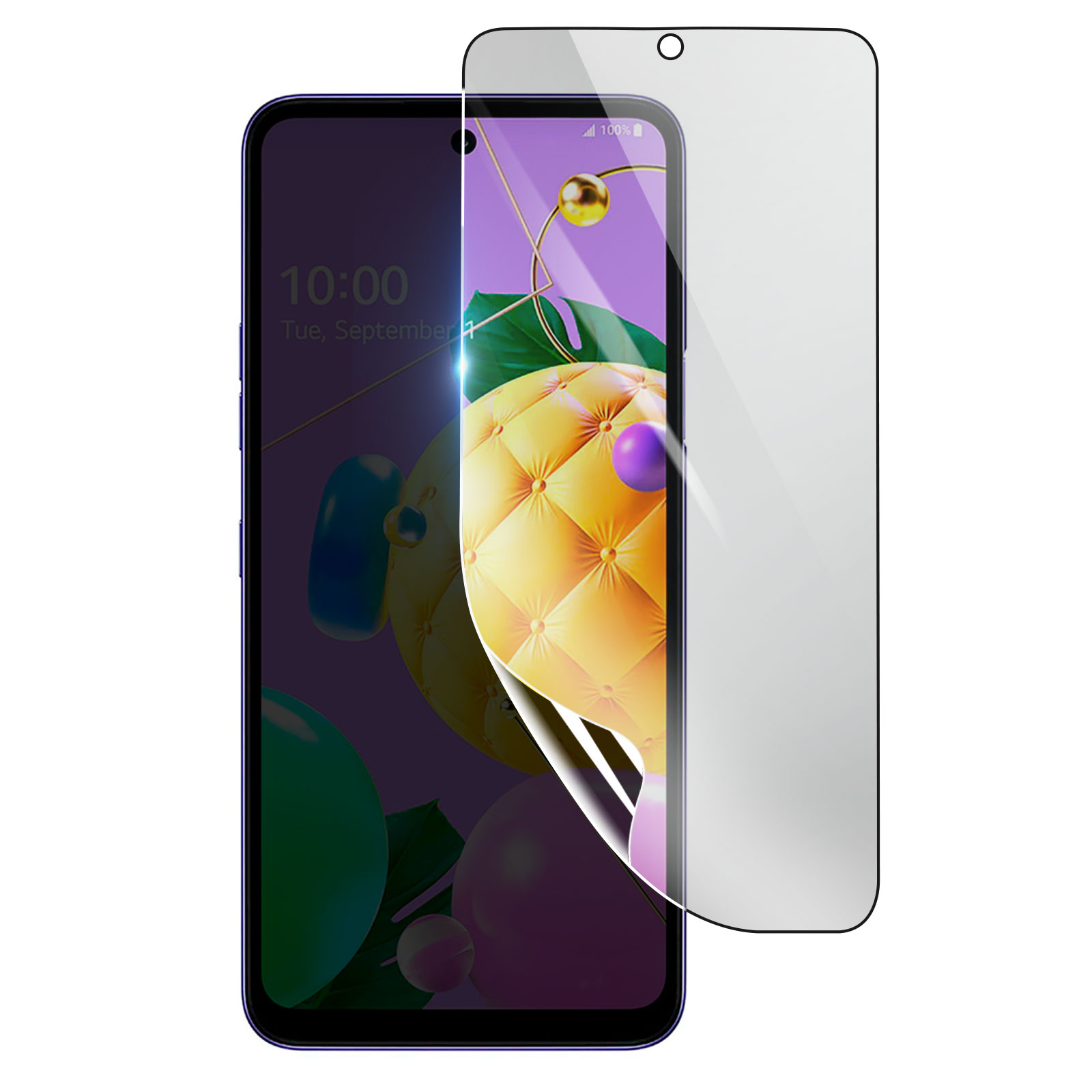 Uno smartphone con una protezione per lo schermo applicata. Lo schermo mostra uno sfondo floreale con una combinazione di colori oro e viola.