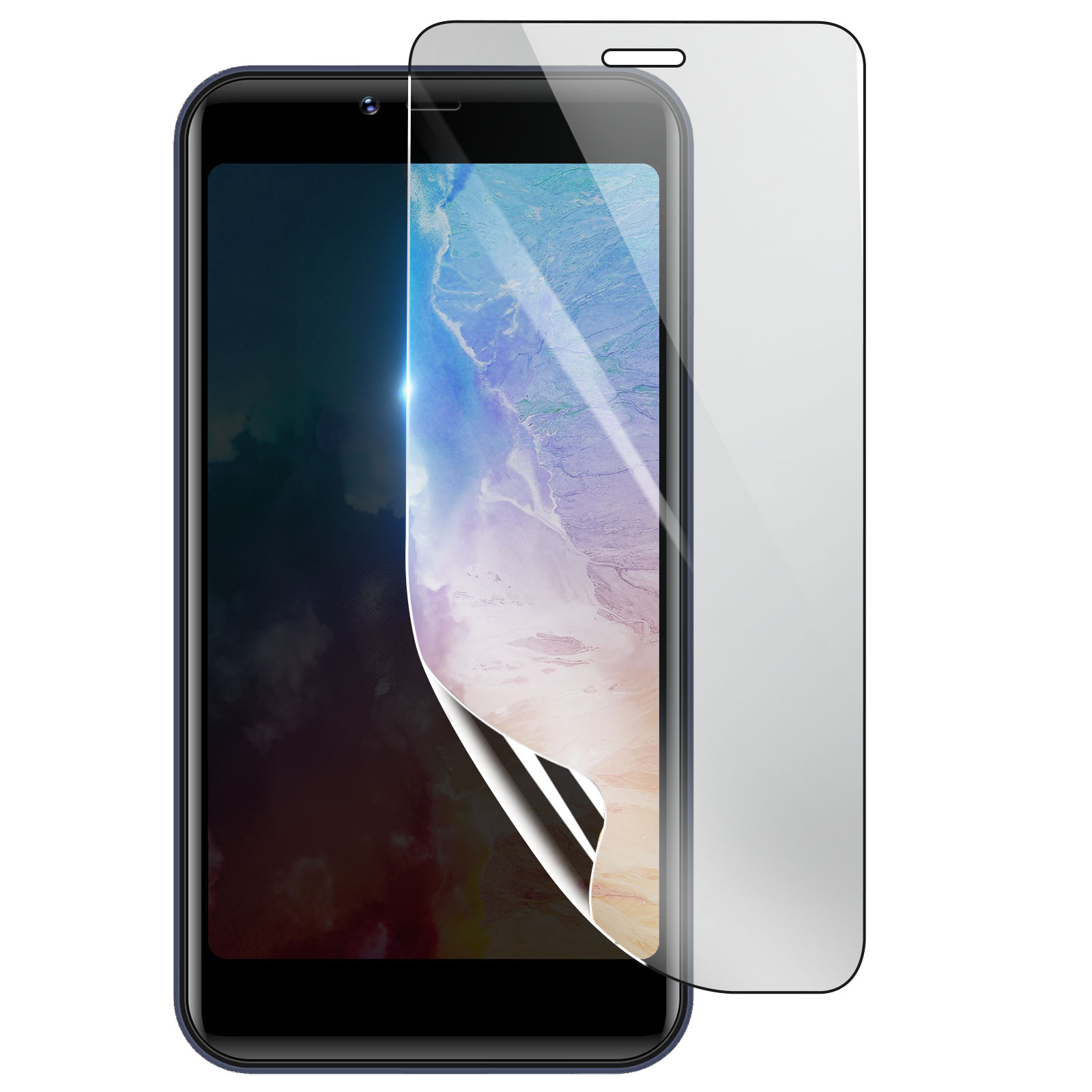 Uno smartphone con una protezione per lo schermo applicata. Lo schermo mostra uno sfondo colorato. La protezione è parzialmente staccata.