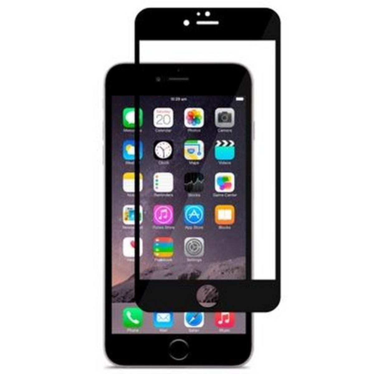 Een zwarte iPhone met een schermbeschermer, met app-iconen. De beschermer zit boven de telefoon. De achtergrond is wit.