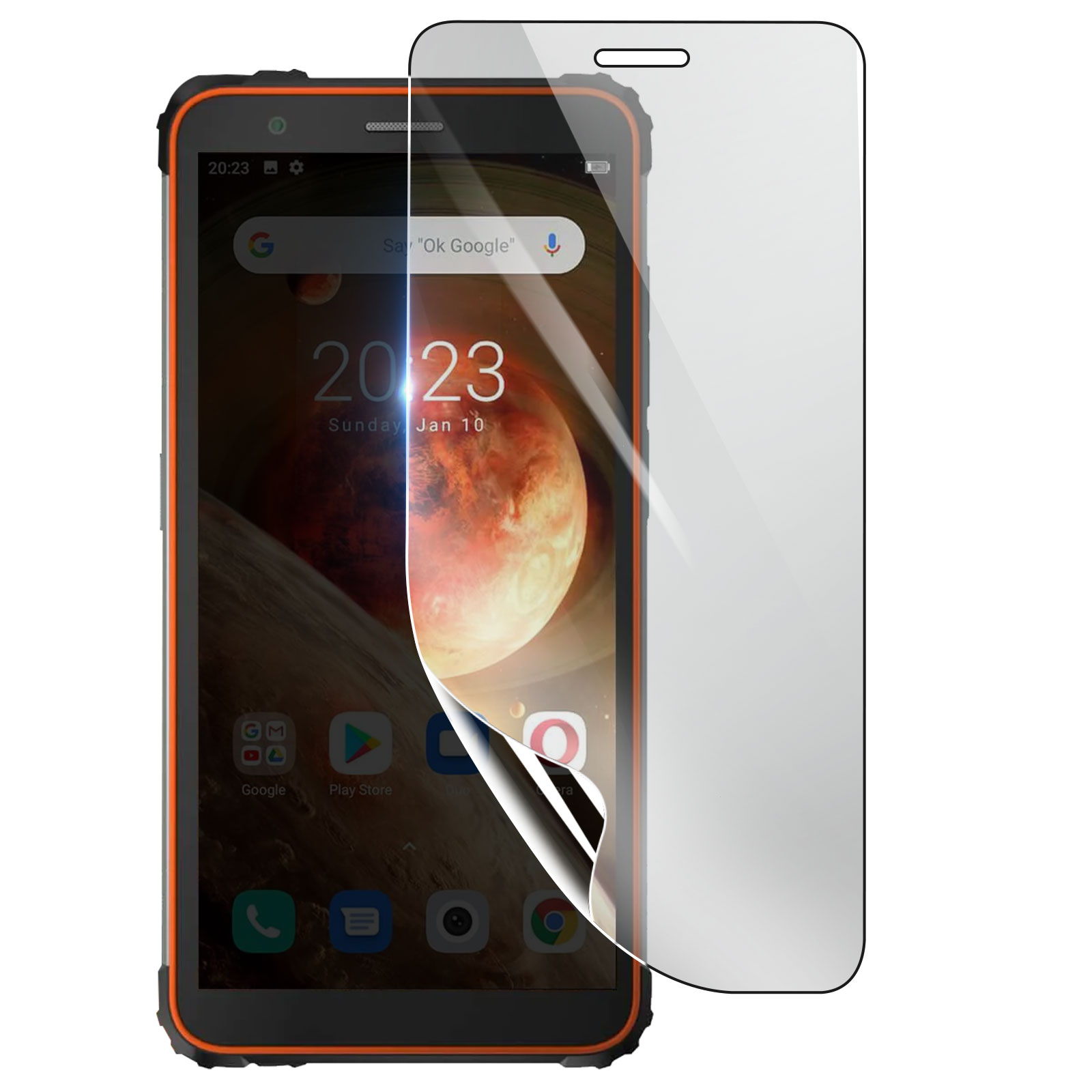Uno smartphone nero con cornice arancione, con protezione schermo parzialmente staccata. Lo schermo mostra l'ora e un pianeta.
