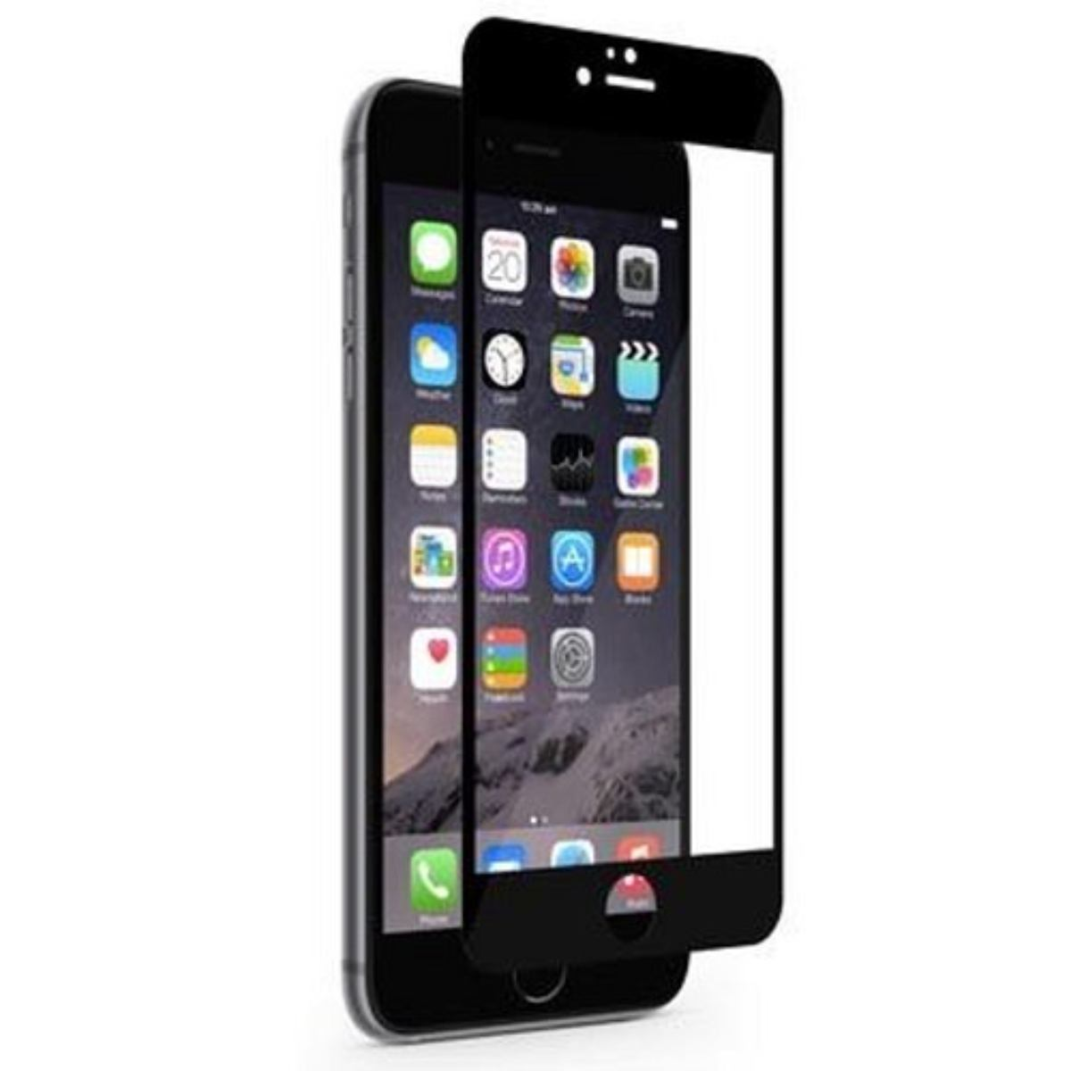 Een smartphone toont zijn startscherm, beschermd door een screenprotector. Het scherm toont app-iconen.