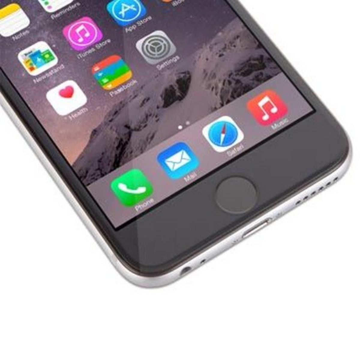 Een smartphone toont app-iconen: Telefoon, Mail, Safari en Muziek. Andere apps zijn Nieuws, Gezondheid, Passbook en Instellingen.