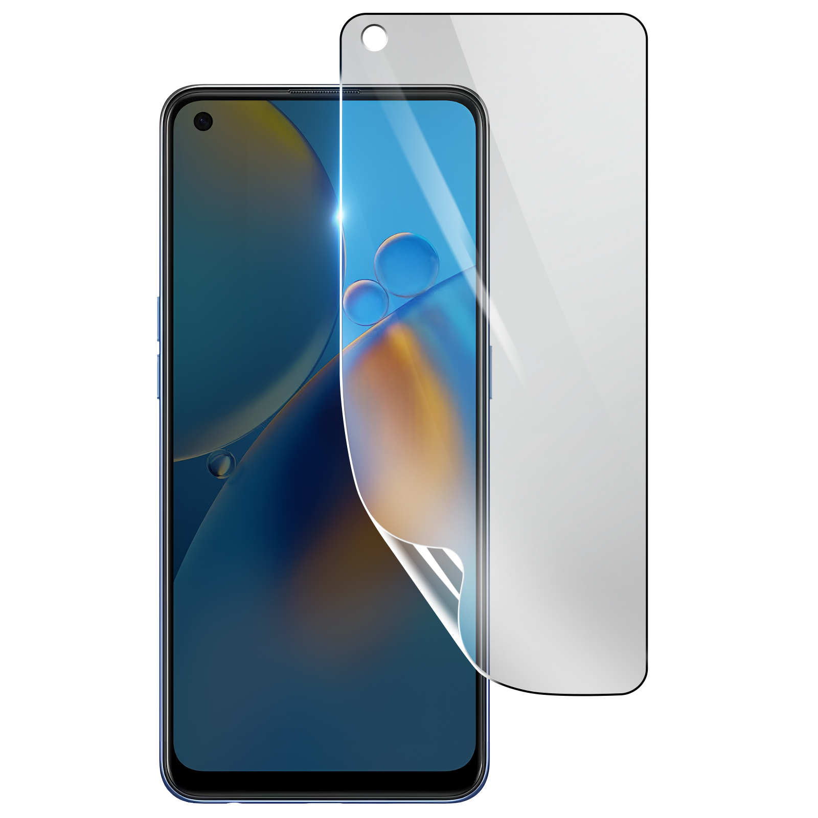 Uno smartphone con una protezione per lo schermo applicata. Il telefono ha una cornice blu e uno schermo con bolle.