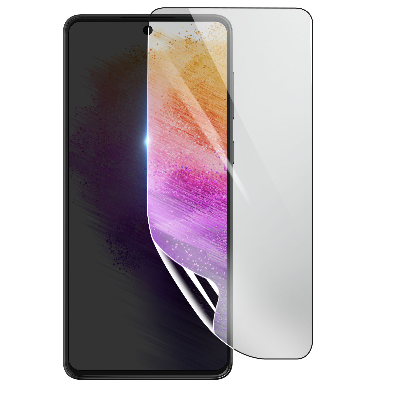 Uno smartphone con una protezione per lo schermo applicata. Il telefono è nero, la protezione è trasparente. Lo sfondo è bianco.