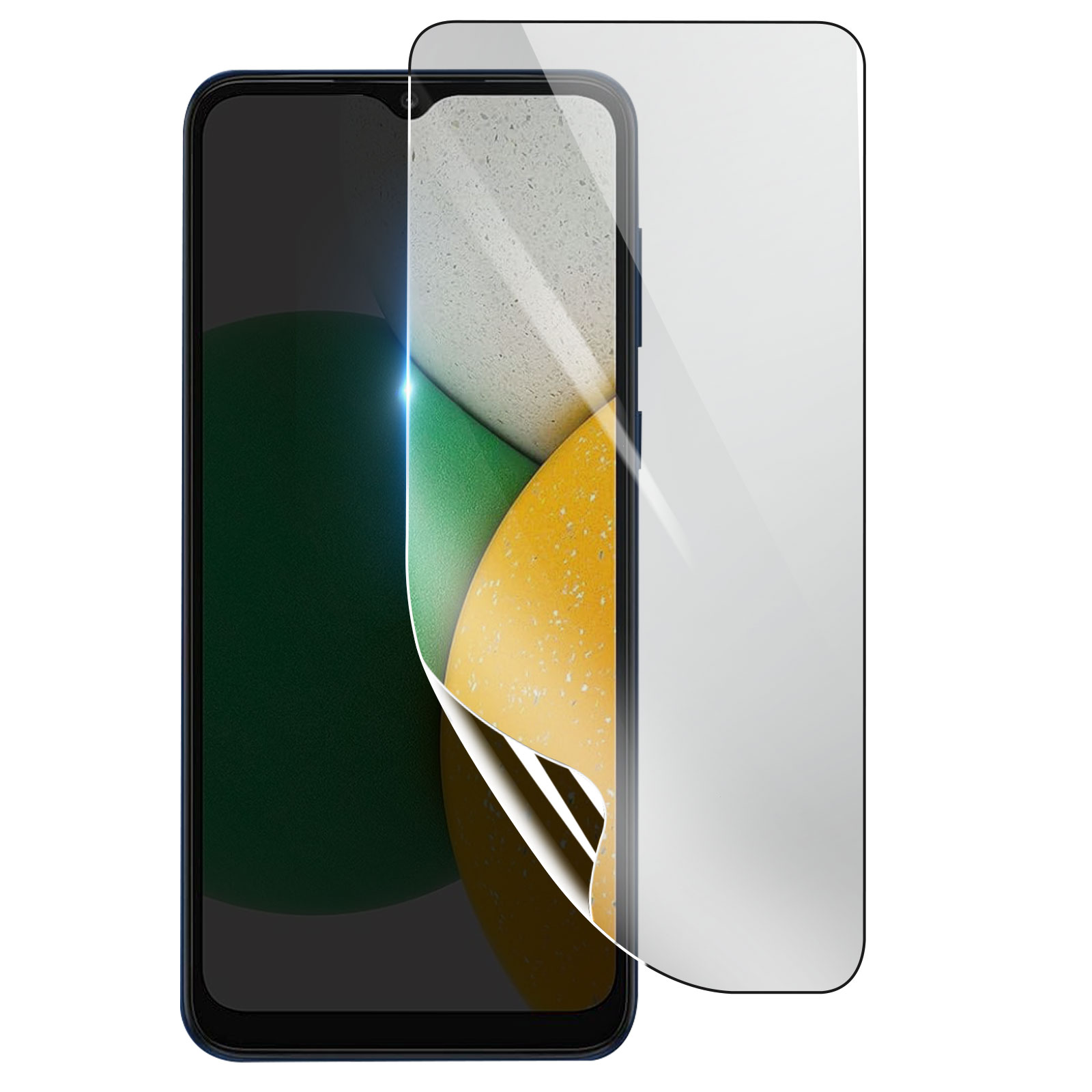 Uno smartphone blu con una protezione per lo schermo in applicazione. La protezione si stacca per rivelare il display del telefono.