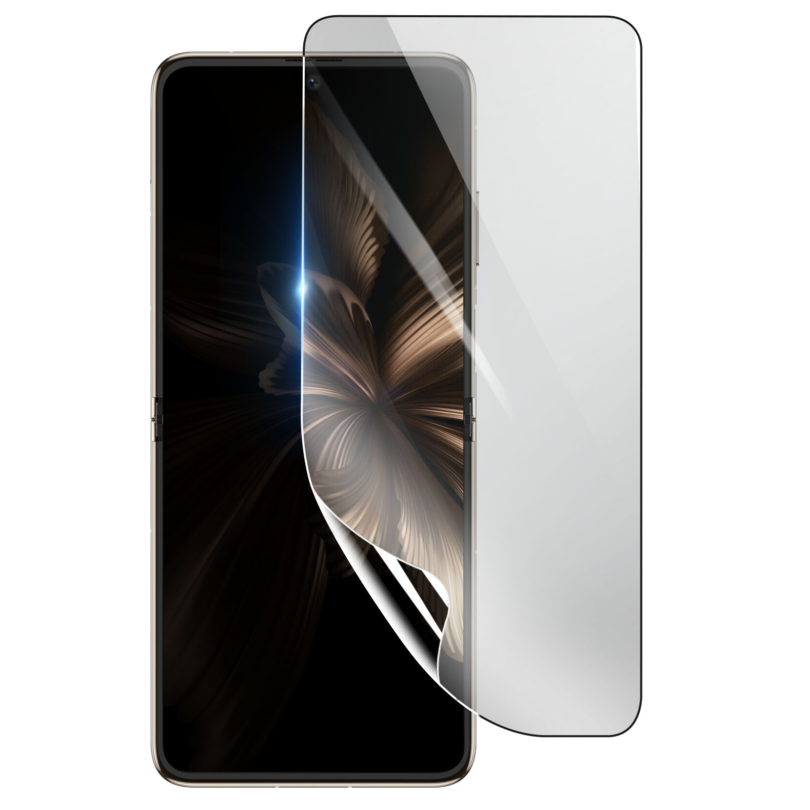 Uno smartphone con una protezione per lo schermo che viene rimossa. Il telefono è nero, con una cornice dorata, e la protezione è trasparente.