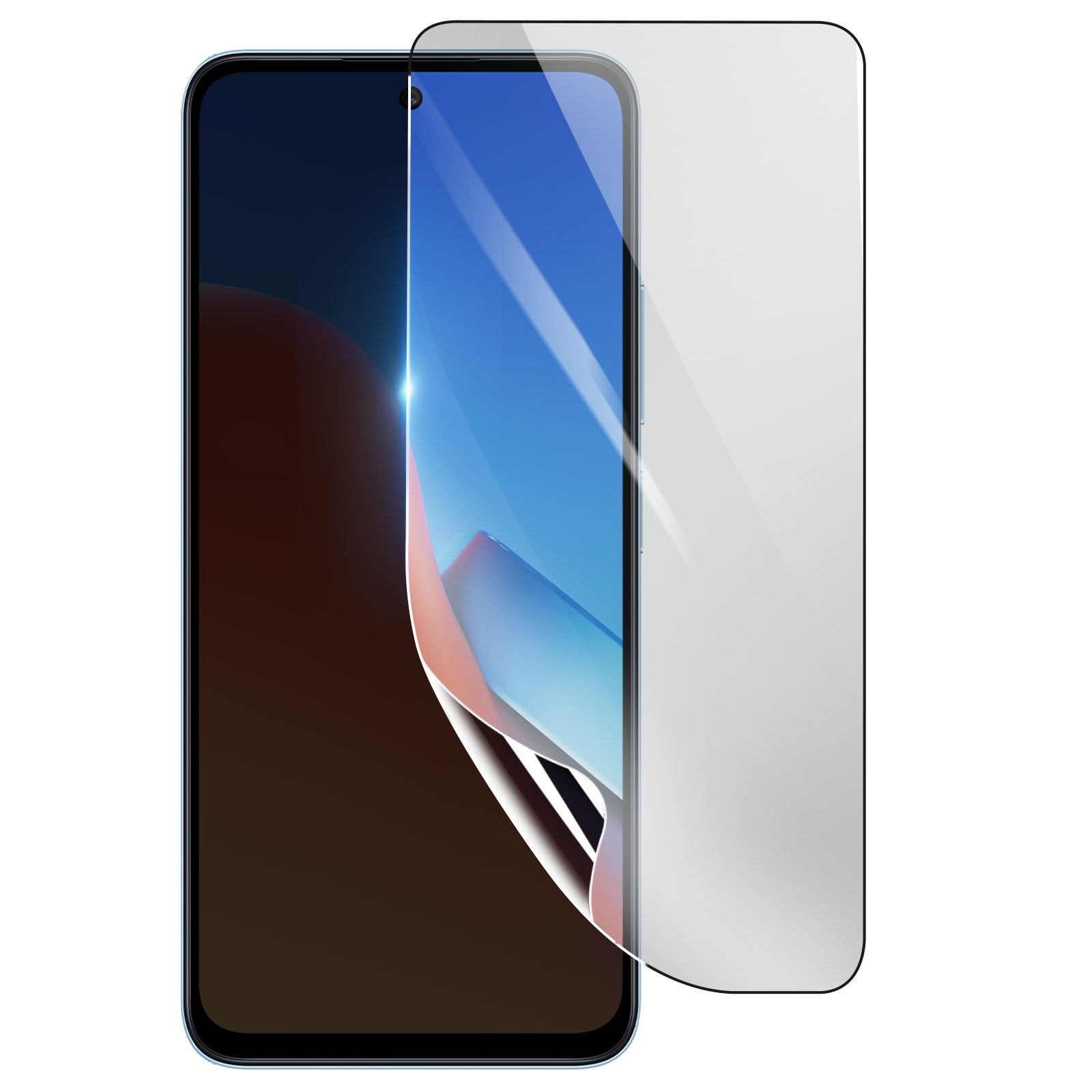 Smartphone con protezione schermo. Il telefono ha una cornice blu, schermo nero e una pellicola protettiva parzialmente applicata.