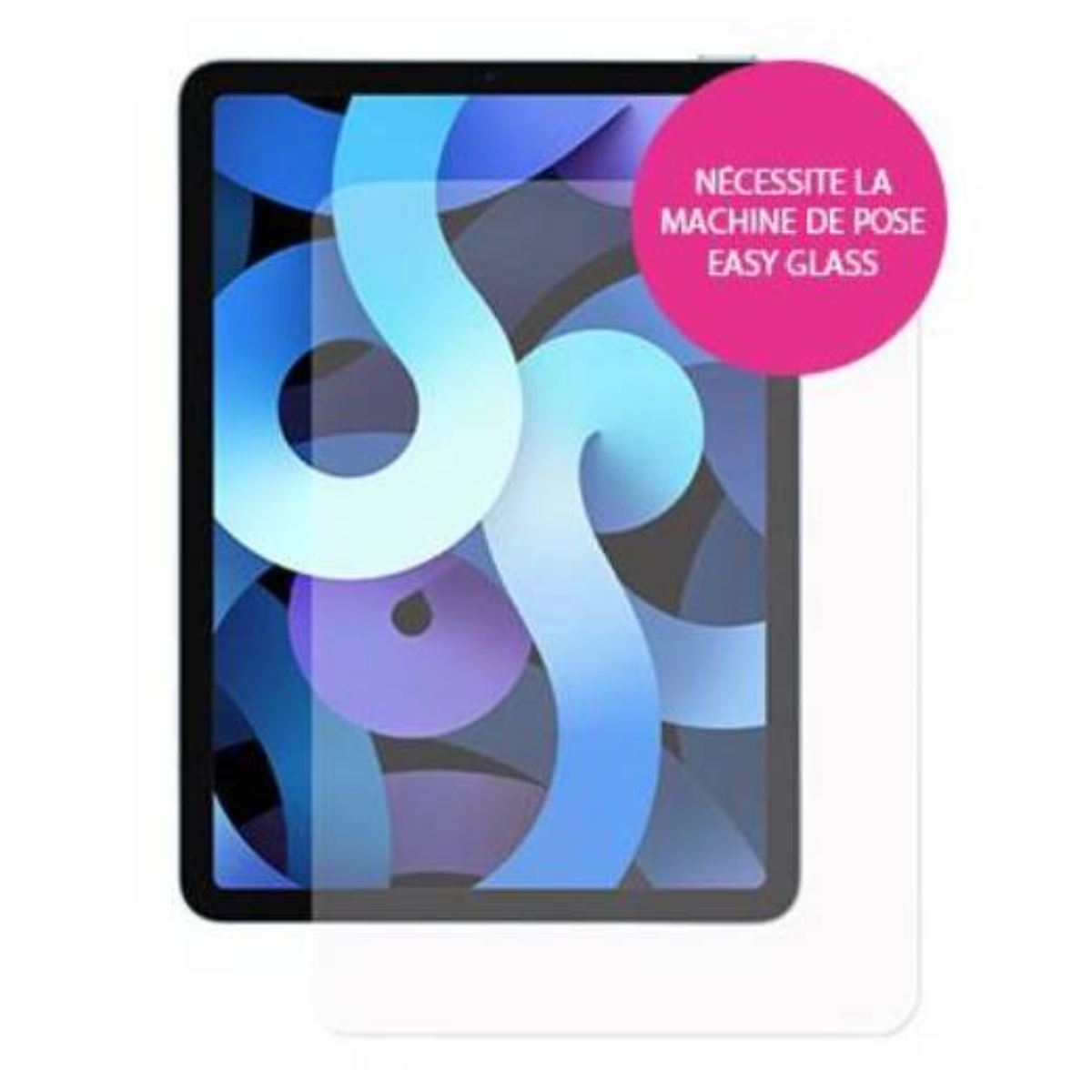 Un iPad avec un protecteur d'écran. Un cercle rose avec du texte est dans le coin supérieur droit.