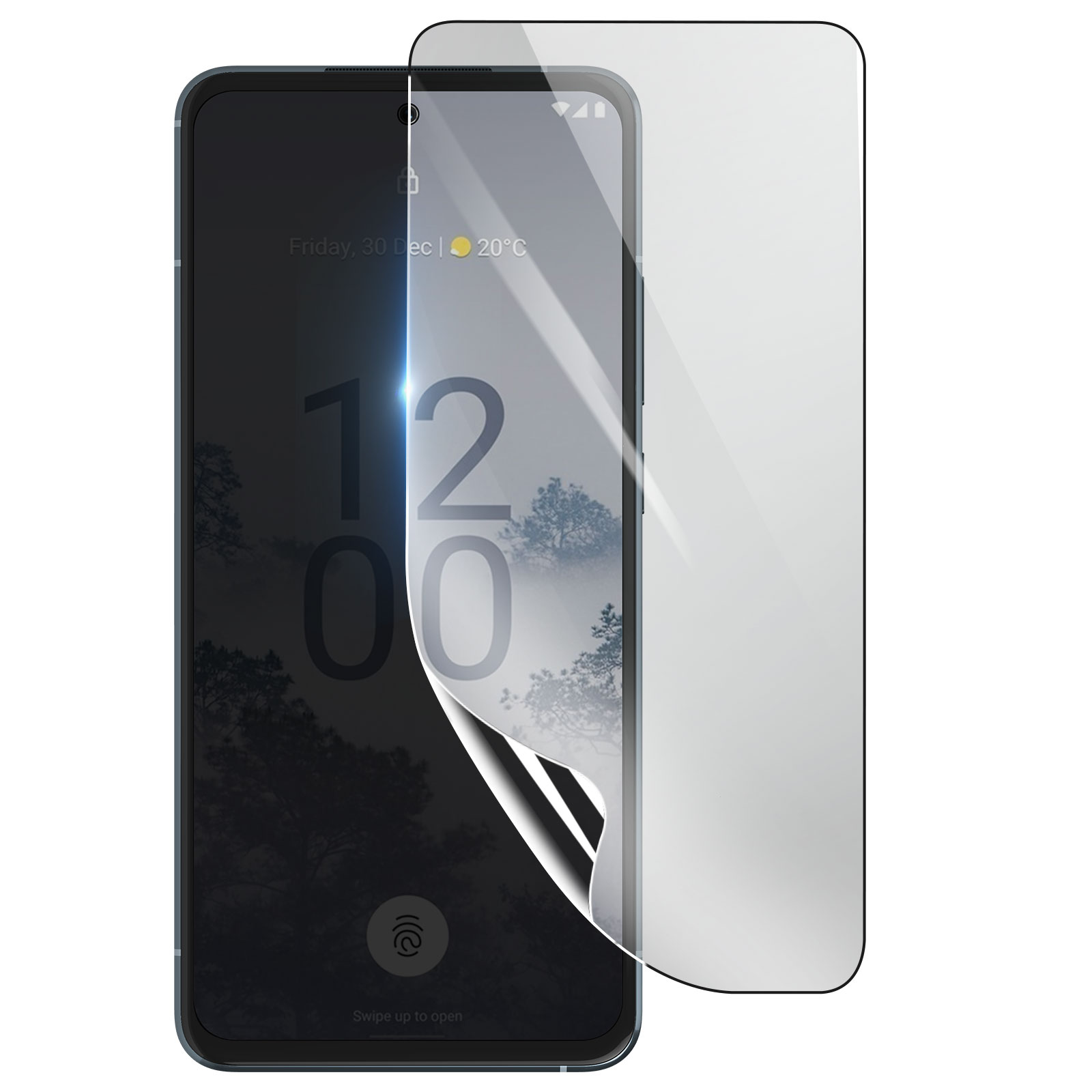 Uno smartphone con protezione schermo applicata. Lo schermo mostra un orologio e un paesaggio. Un angolo della protezione è sollevato.