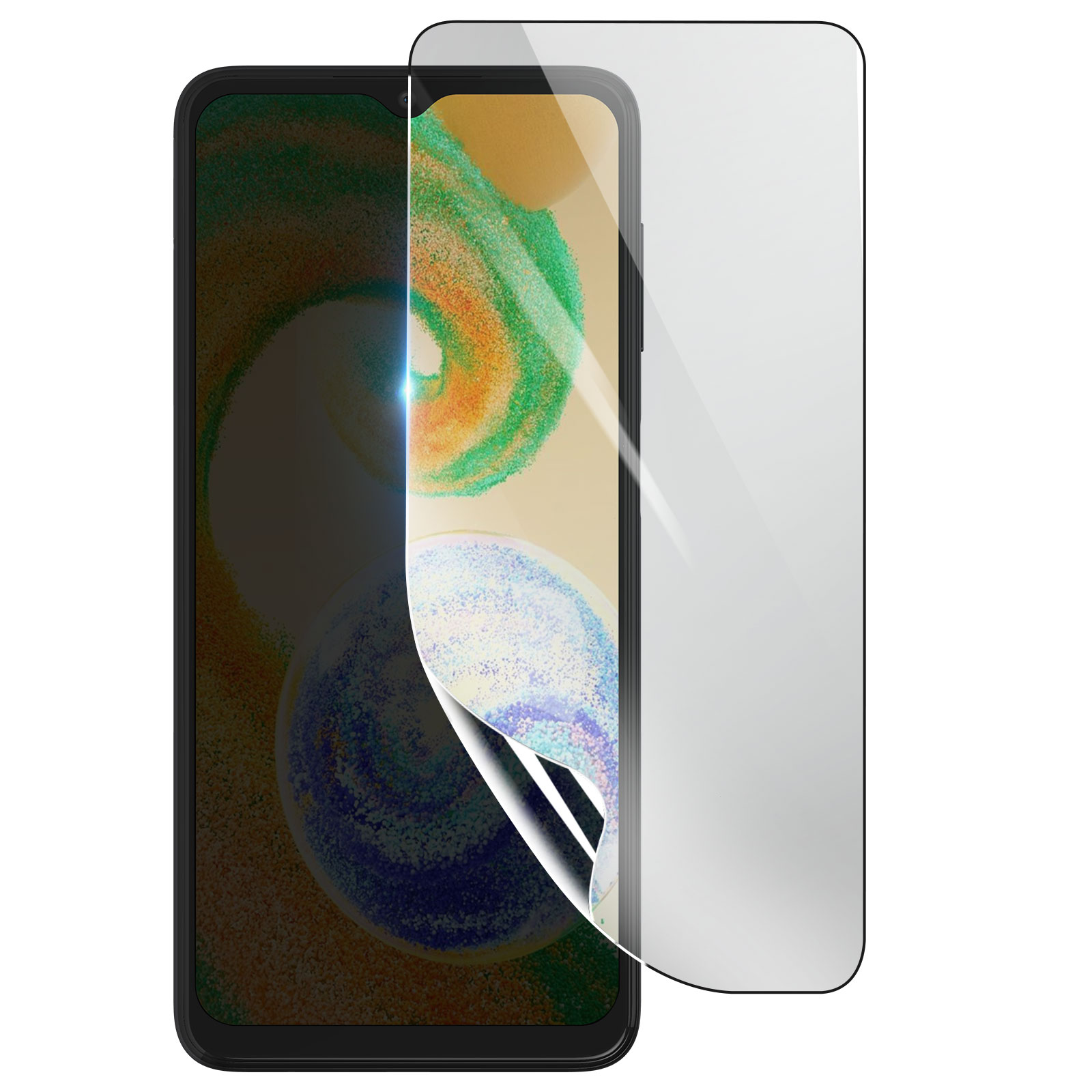 Uno smartphone nero con una protezione per lo schermo in applicazione. La protezione è trasparente. Lo schermo mostra forme astratte colorate.