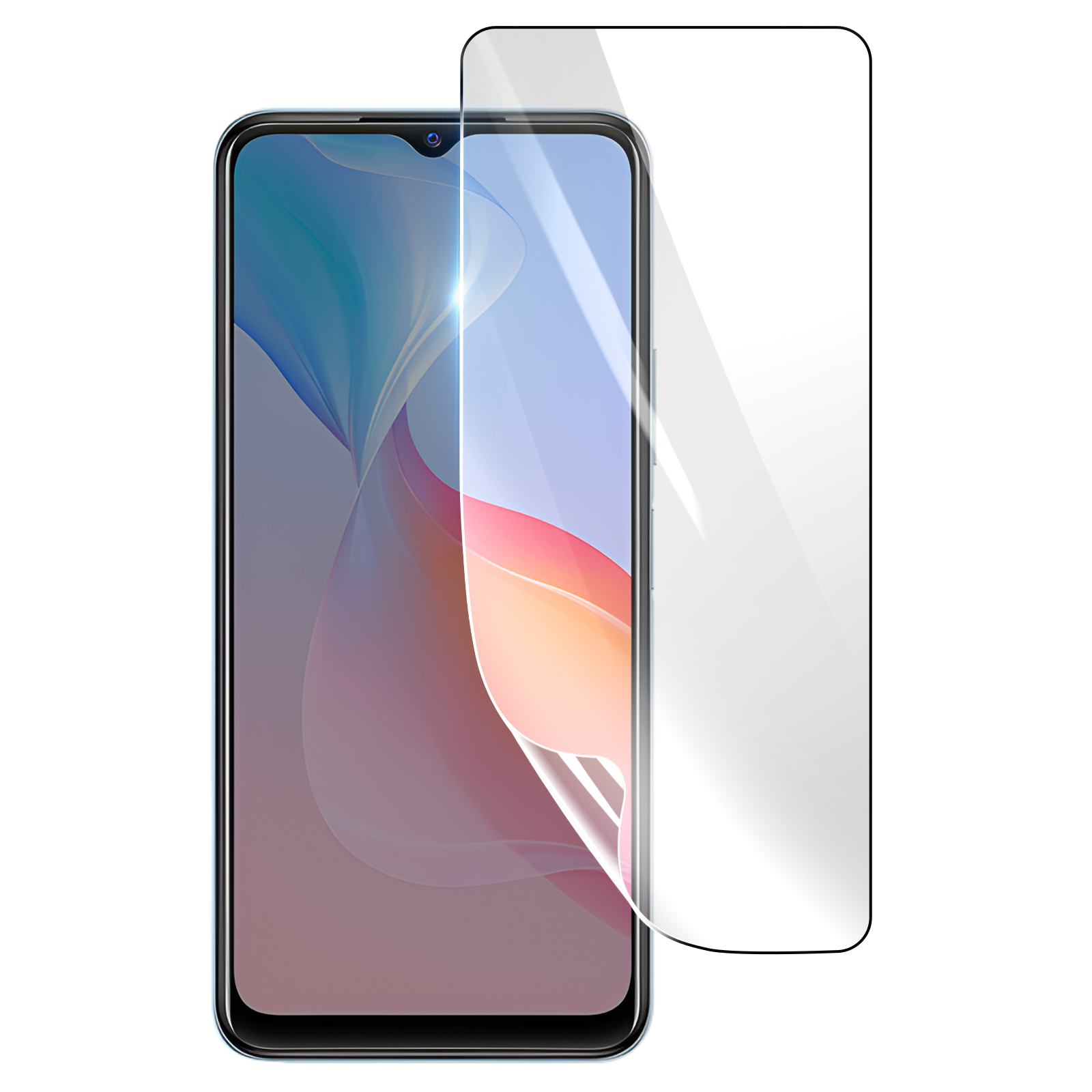 Smartphone con protezione schermo. Il telefono ha un bordo blu e uno sfondo colorato. La protezione è parzialmente staccata.