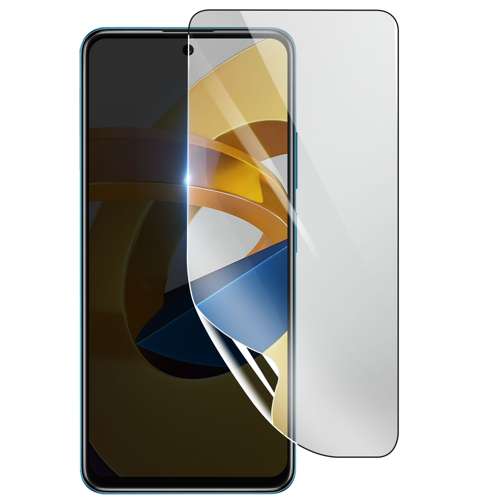 Uno smartphone con una protezione schermo applicata. Il telefono è blu, la protezione trasparente.