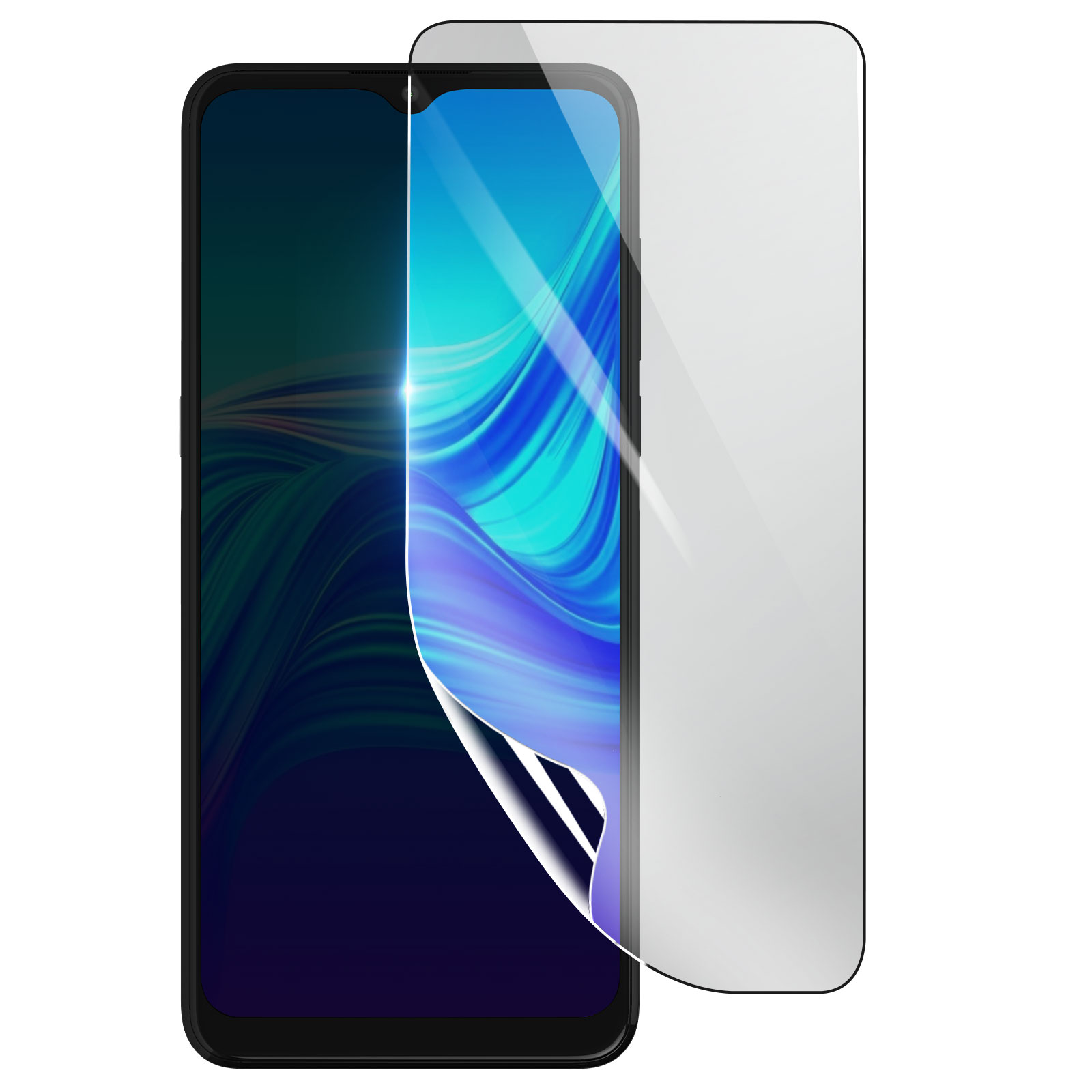 Uno smartphone nero con una protezione per lo schermo. Lo schermo mostra un motivo astratto blu e verde. La protezione si stacca.