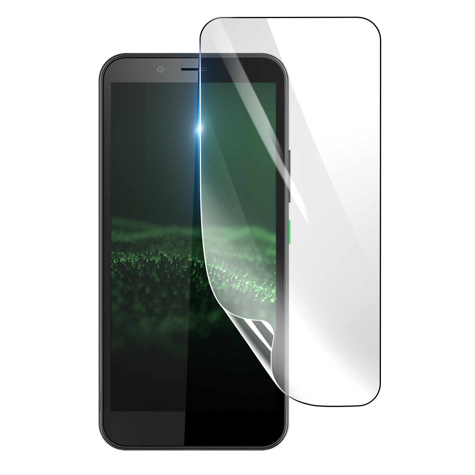 Uno smartphone con una protezione per lo schermo in applicazione. Lo schermo mostra un design astratto verde. La protezione è parzialmente staccata.