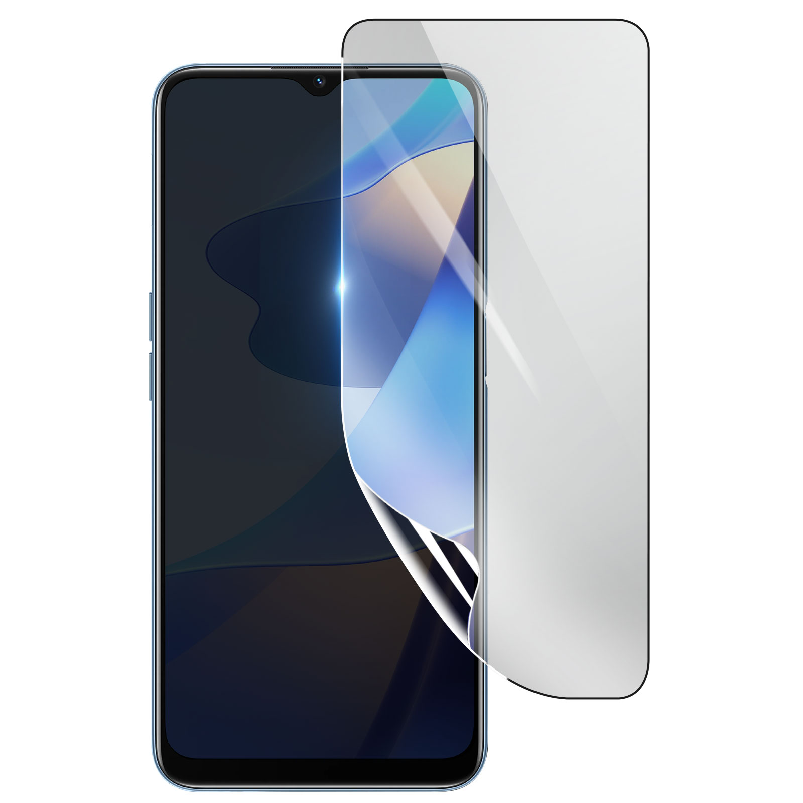 Uno smartphone con una protezione per lo schermo in fase di applicazione. Il telefono è blu, la protezione è trasparente, su sfondo bianco.
